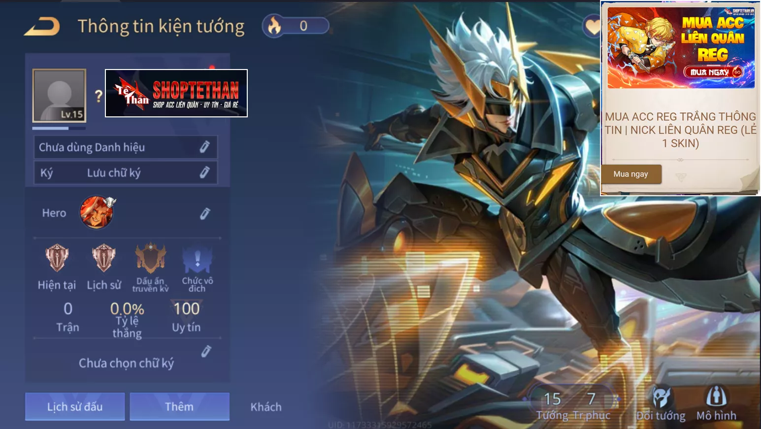 ACC REG LQ Bijan Hoàng Kim Cơ Giáp, sẵn tướng, trắng thông tin, free đổi tên… bao ban bao back