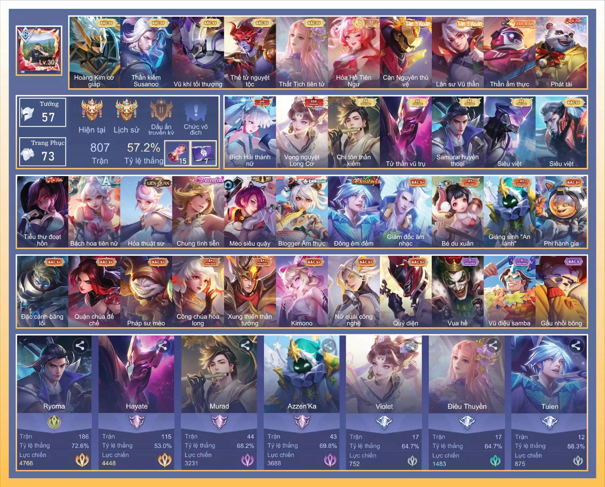 Violet Vọng nguyệt Long Cơ, Airi Bích hải thánh nữ, Ryoma Samurai Huyền thoại, Zephys Siêu việt, Murad Siêu việt, Murad Chí tôn thần kiếm, Hayate Tử thần vũ trụ … MỖI SĐT