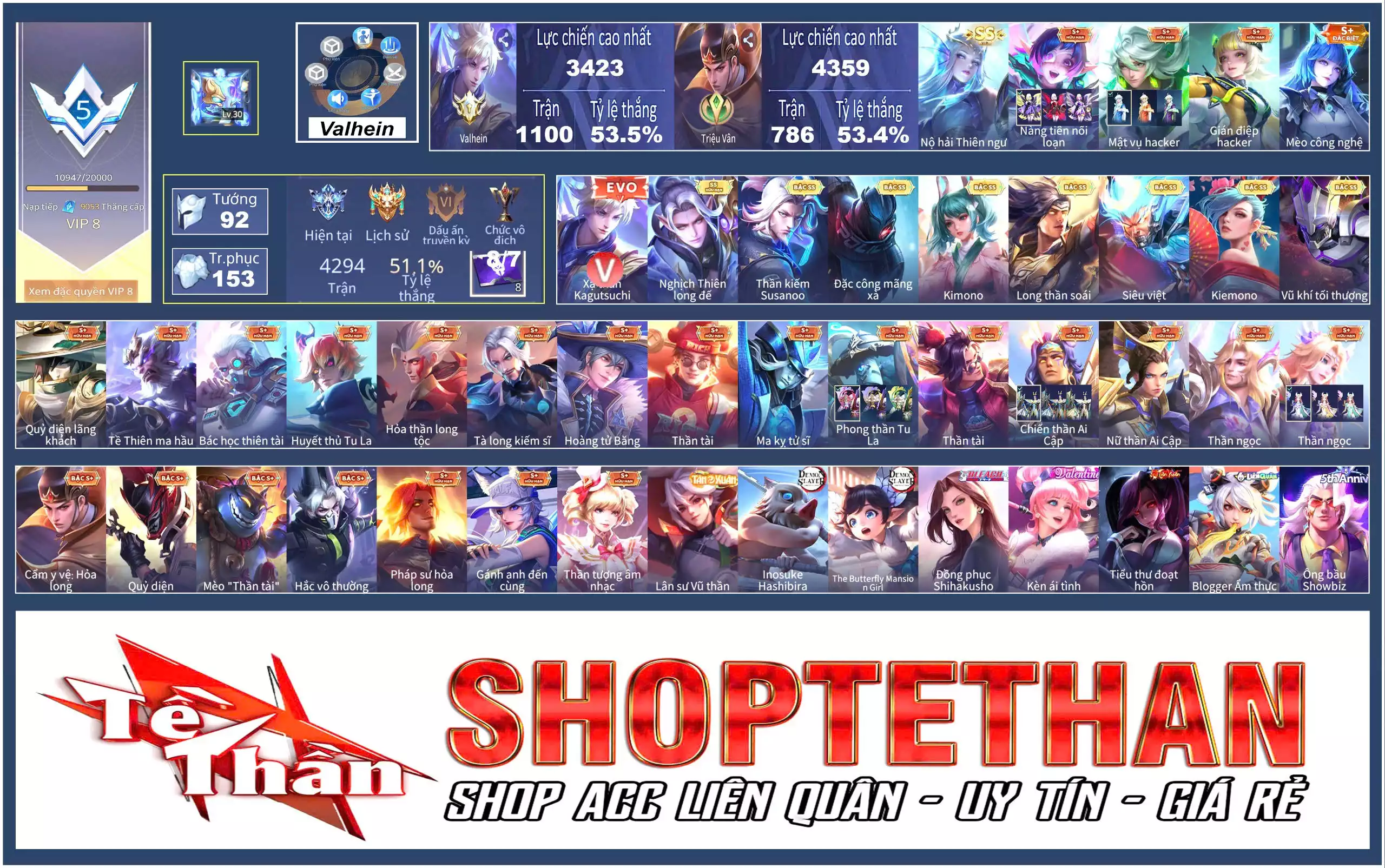Valhein EVO 5, Yorn Long thần soái, Quillen Đặc công mãng xà, Quillen Nghịch thiên long đế, Ngộ Không Siêu việt, Airi Kiemono, Richter Kiếm thần Susanoo, Capheny Kimono...