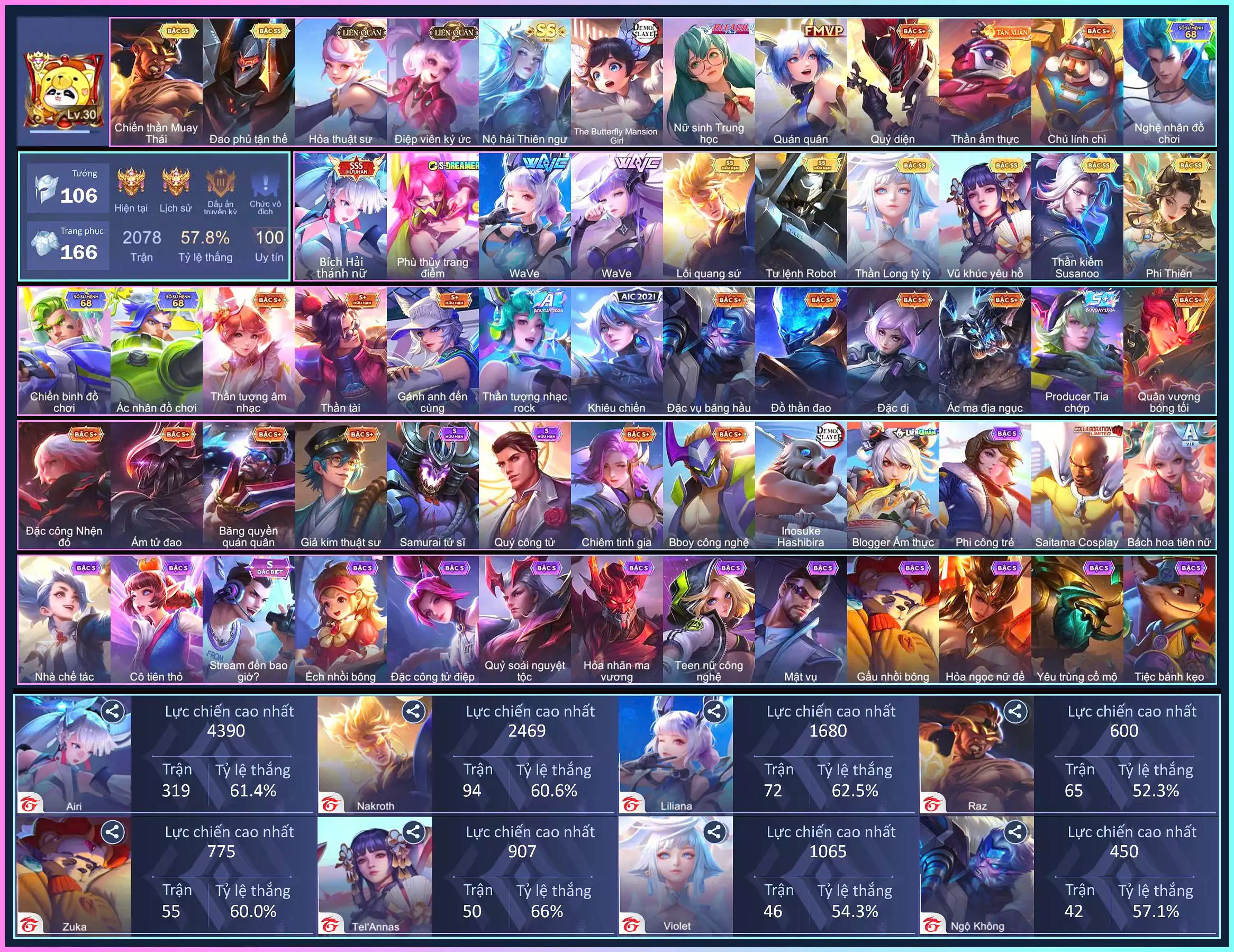 Airi Bích hải thánh nữ, Nakroth Lôi Quang Sứ, TelAnnas Vũ khúc yêu hồ, Raz Chiến thần Muay Thái, Sinestrea WaVe, Liliana WaVe, Richter Kiếm thần Susanoo, Lữ Bố Tư lệnh Robot, Violet Thần long tỷ tỷ, Omen Đao phủ tận thế, Lauriel Phi thiên...