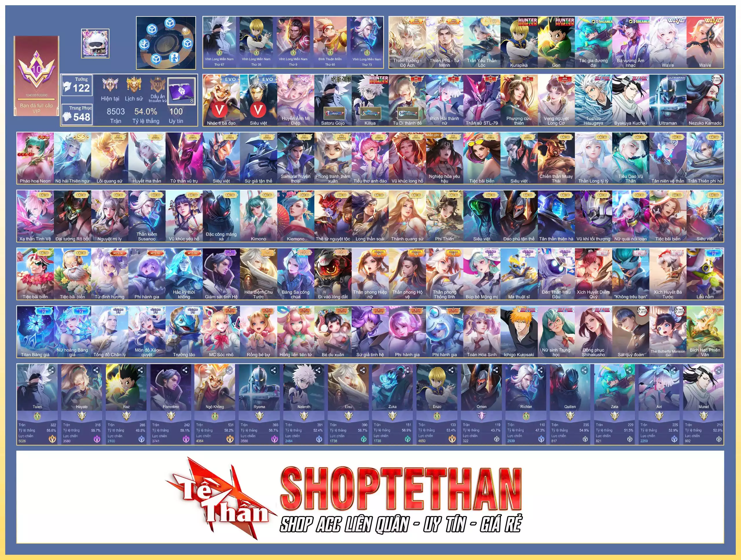 Ảnh (VIP_10 104 qh) MÁC CHIẾN THẦN, 5 SSS, 7 anime, nhiều skin ss và sshh....