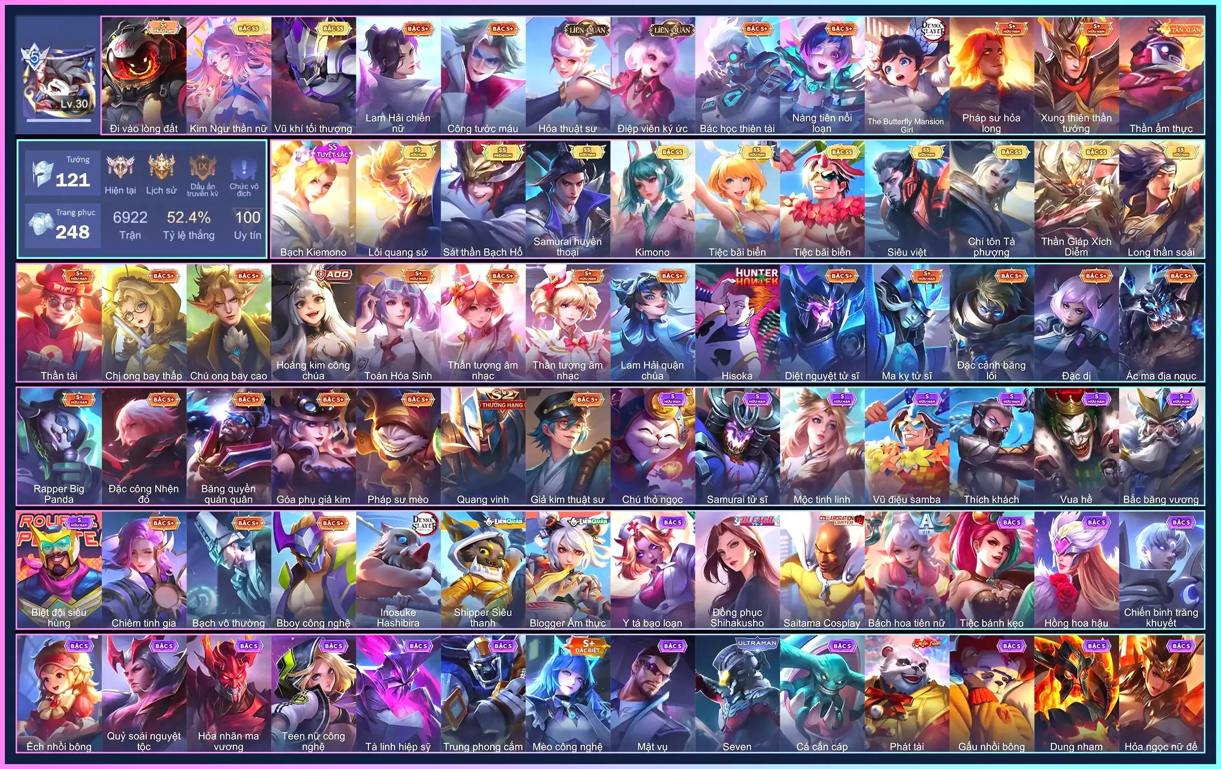 Ảnh Valhein Vũ khí tối thượng, Yorn Long thần soái, Butterfly Kim ngư thần nữ, Violet Tiệc bãi biển, Murad Siêu việt, Nakroth Lôi Quang Sứ, Lữ Bố Tiệc Bãi Biển, Enzo Sát thần Bạch Hổ, Ryoma Samurai Huyền thoại, Capheny Kimono, Ngộ Không Thần Giáp Xích Diễm, Zata Chí tôn Tà Phượng…