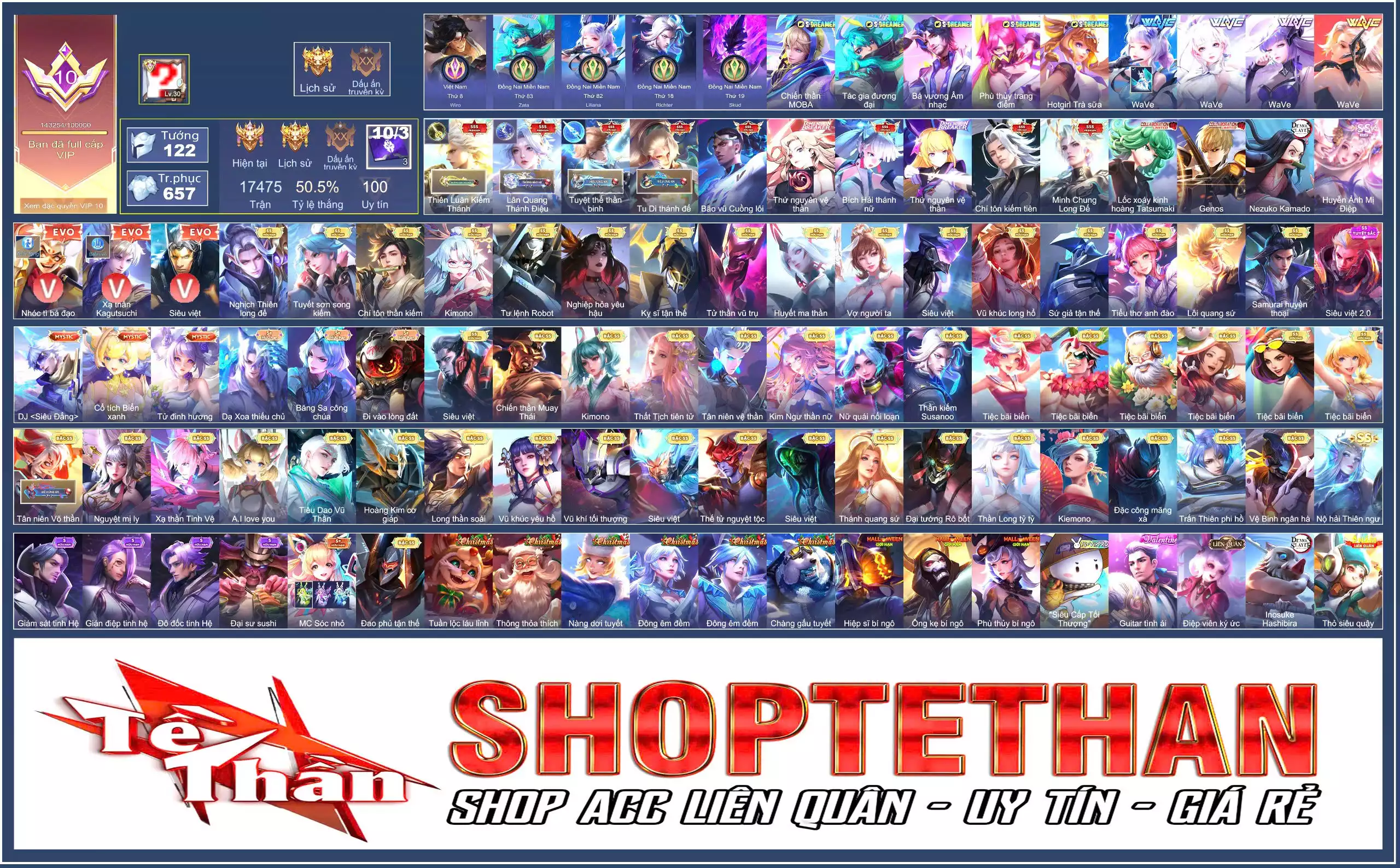 Ảnh (VIP 10-143K) MÁC CHIẾN THẦN, 10 SKIN SSS, Nakroth/Ngộ Không/Valhein EVO 5, full Wave, full S-Dreamers, full OnePunchMan, nhiều SS+SSHH... Murad Thiên Luân Kiếm Thánh, Tel Annas Lân Quang Thánh Điệu
