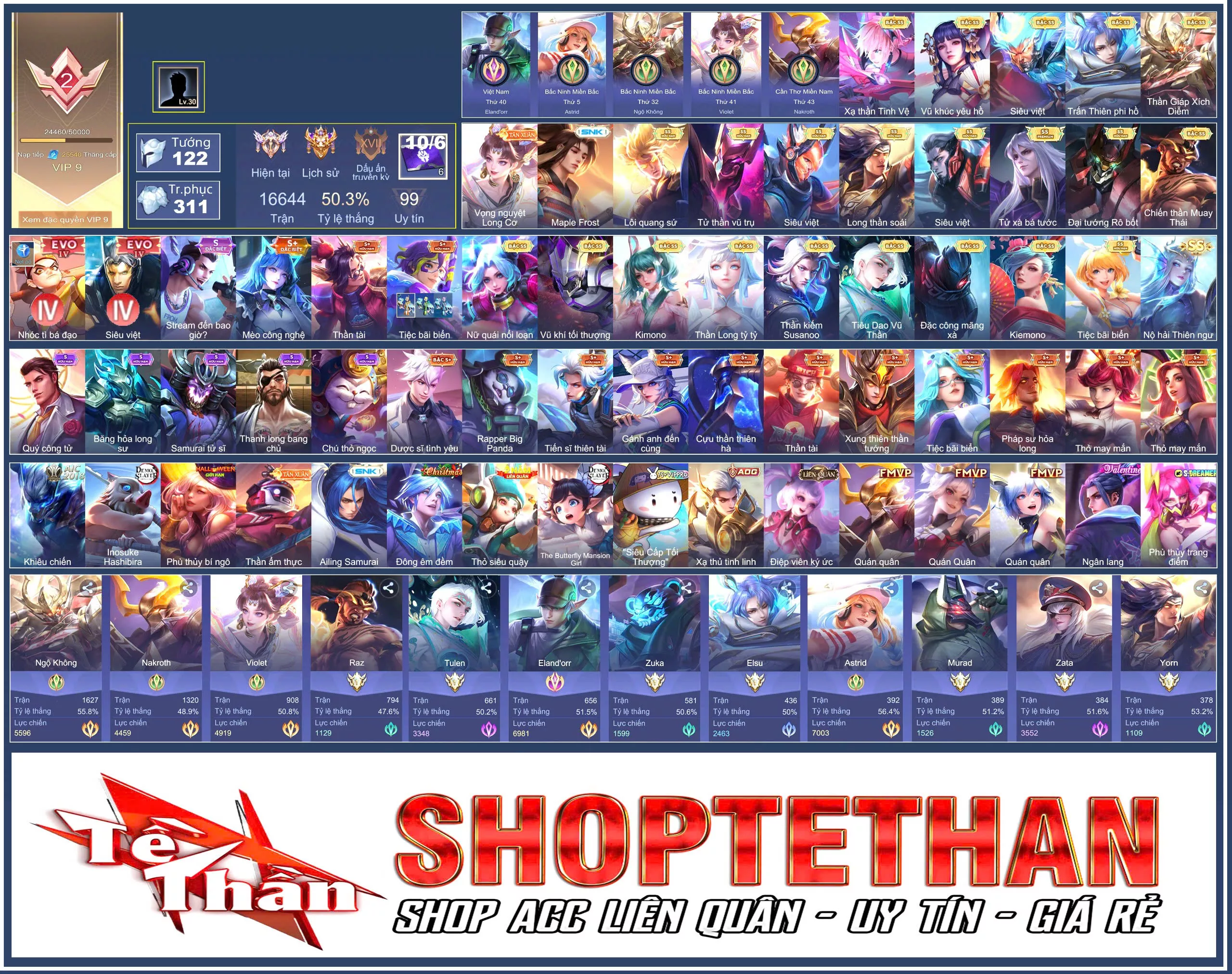 TOP VIỆT NAM: Elanddor, Nak evo 4, Khỉ evo 4, Violet Vọng nguyệt Long Cơ, Nakroth Lôi Quang Sứ, Hayate Tử thần vũ trụvũ trụ, Capheny Kimono, Laville Xạ Thần Tinh Vệ...