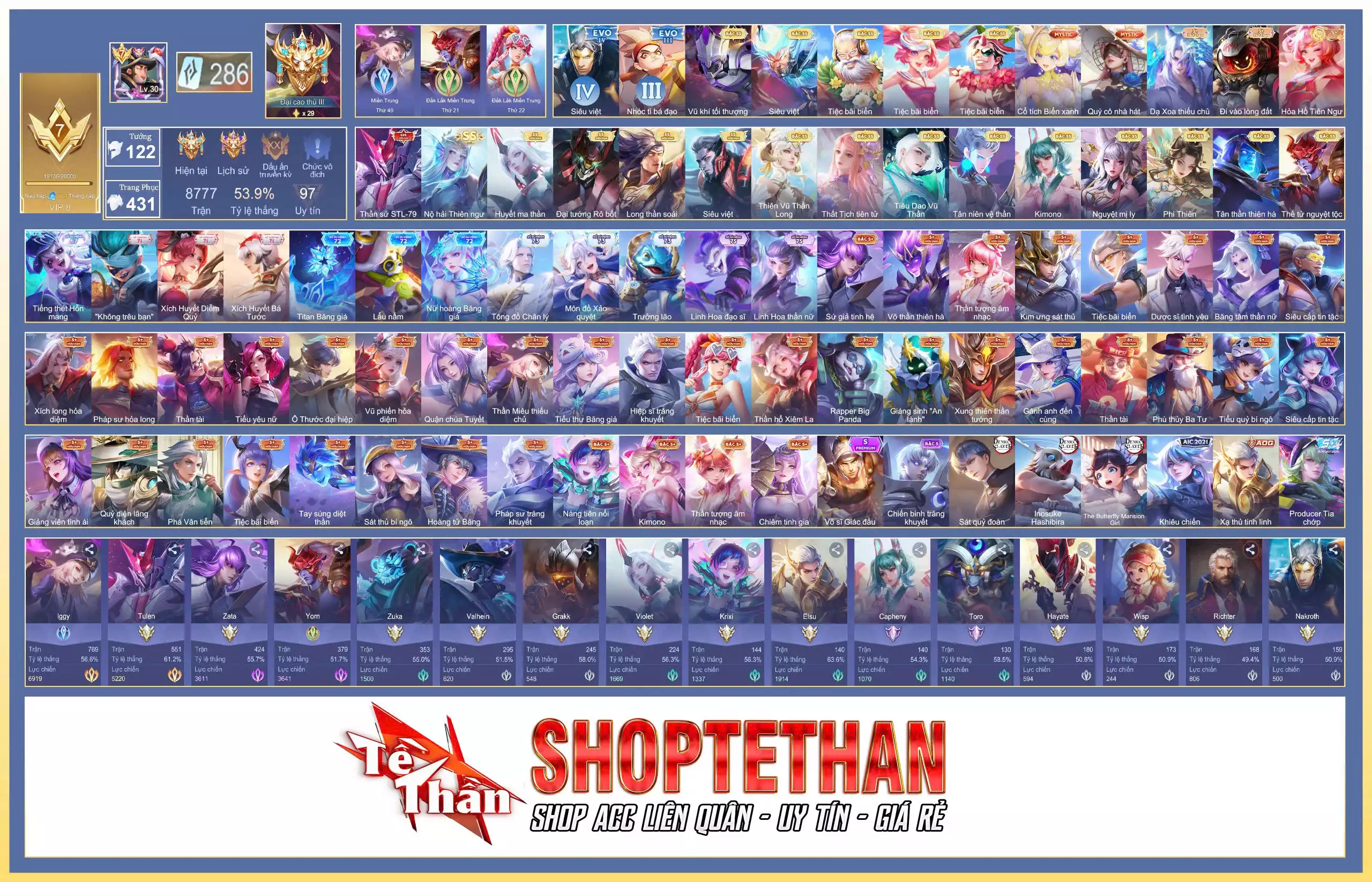 MÁC CHIẾN TƯỚNG, 21 ẤN CAO THỦ. SKIN: Tulen Thần sứ ST.L-79, Yorn Long thần soái, Lauriel Phi thiên, Tulen Tiêu Dao Vũ Thần, Điêu Thuyền Thất Tịch Tiên Tử, TelAnnas Thiên Vũ Thần Lon... ĐỔI ĐƯỢC CCCD
