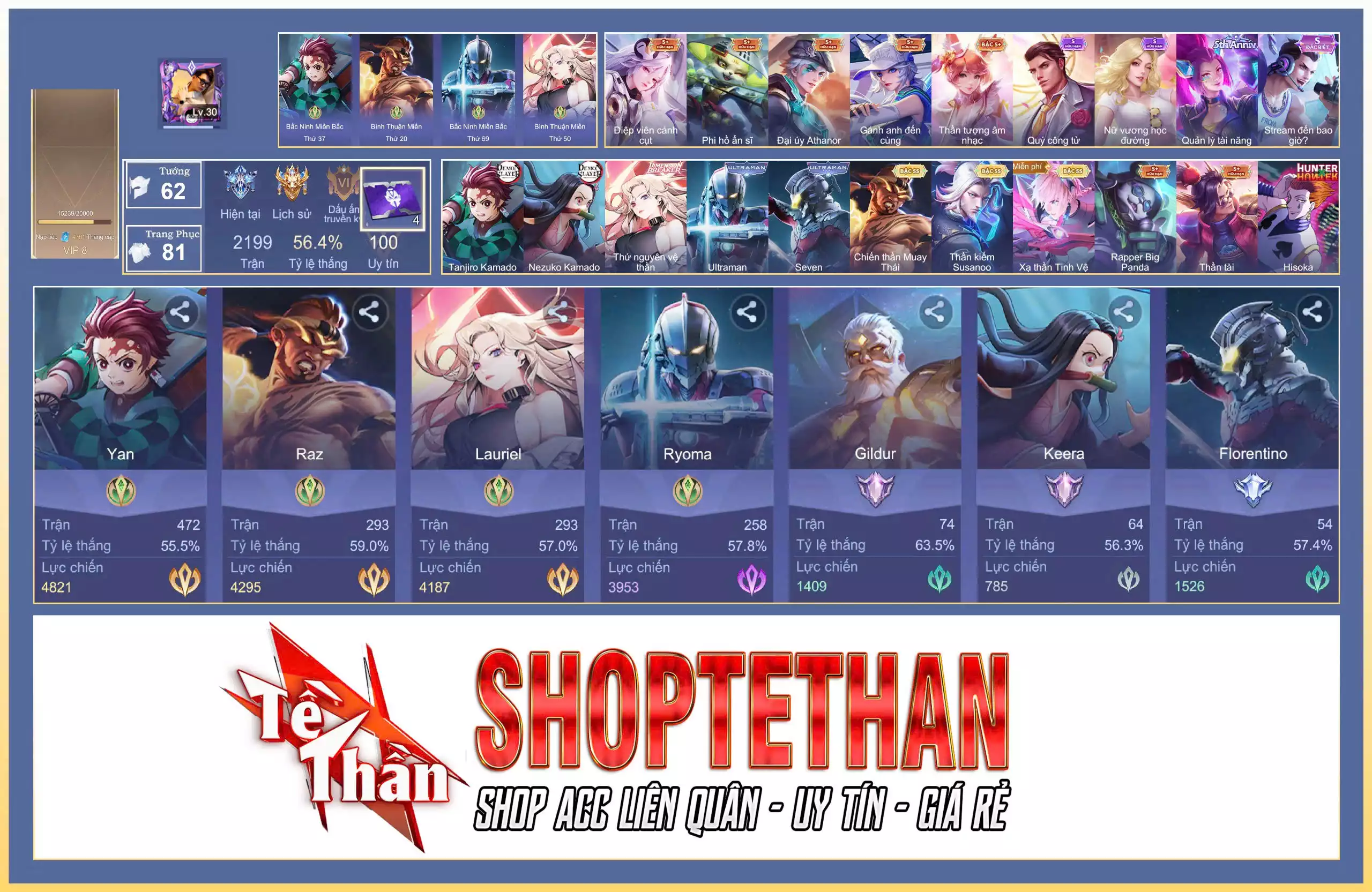 Yan Tanjiro Kamado, Lauriel Thứ nguyên vệ thần, Raz Chiến thần Muay Thái, Richter Kiếm thần Susanoo, Laville Xạ Thần Tinh Vệ...