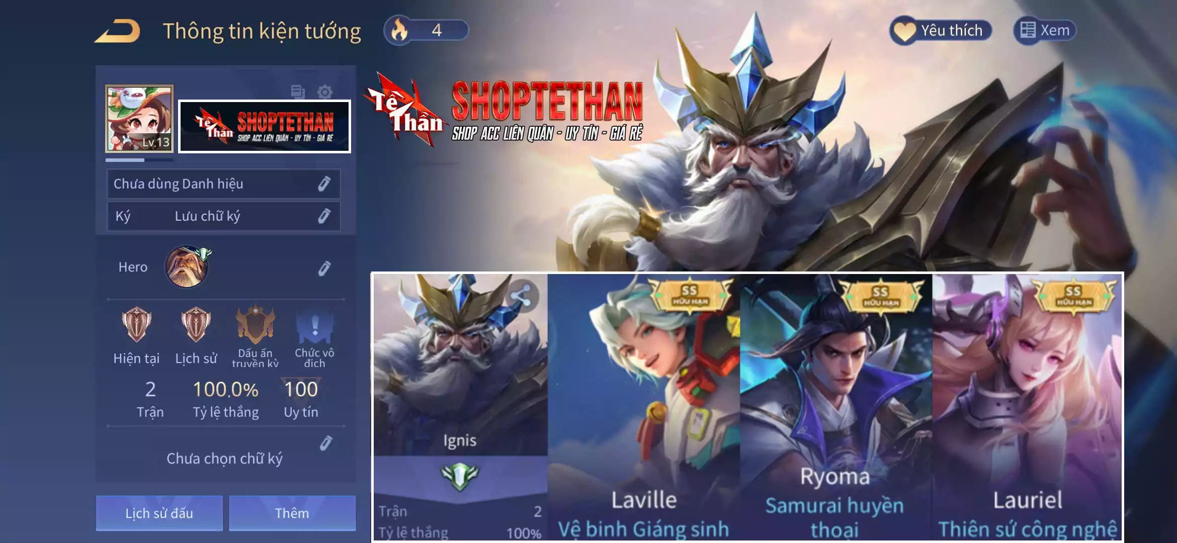 ACC REG COMBO 3 SKIN SSHH: Laville Vệ binh giáng sinh, Lauriel thiên sứ công nghệ, Ryoma Samurai Huyền thoại... trắng thông tin
