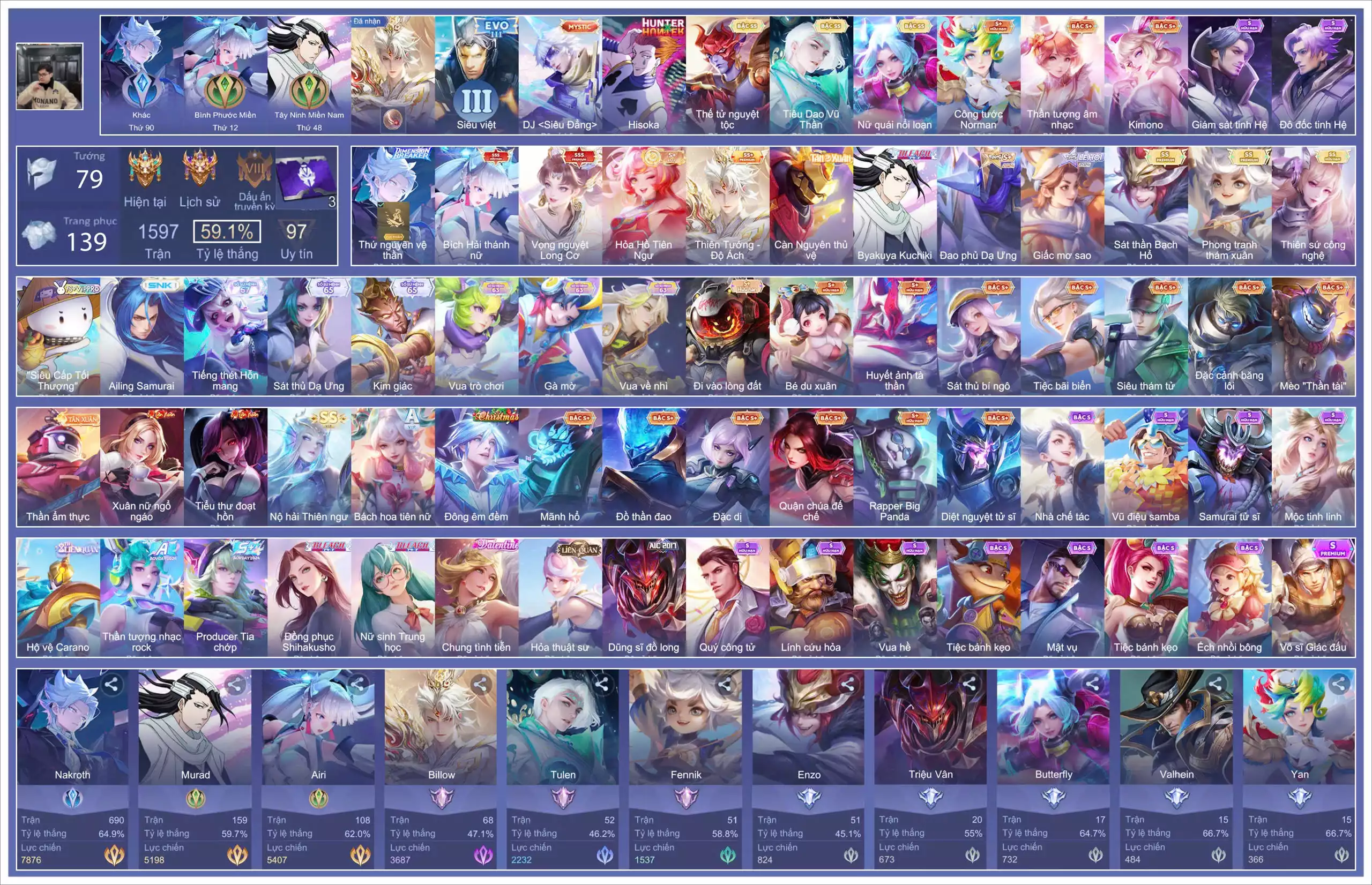 Violet Vọng nguyệt Long Cơ, Nakroth thứ nguyên vệ thần, Airi Bích hải thánh nữ, Murad Byakuya Kuchiki, Billow Thiên Tướng - Độ Ách, Enzo Sát thần Bạch Hổ