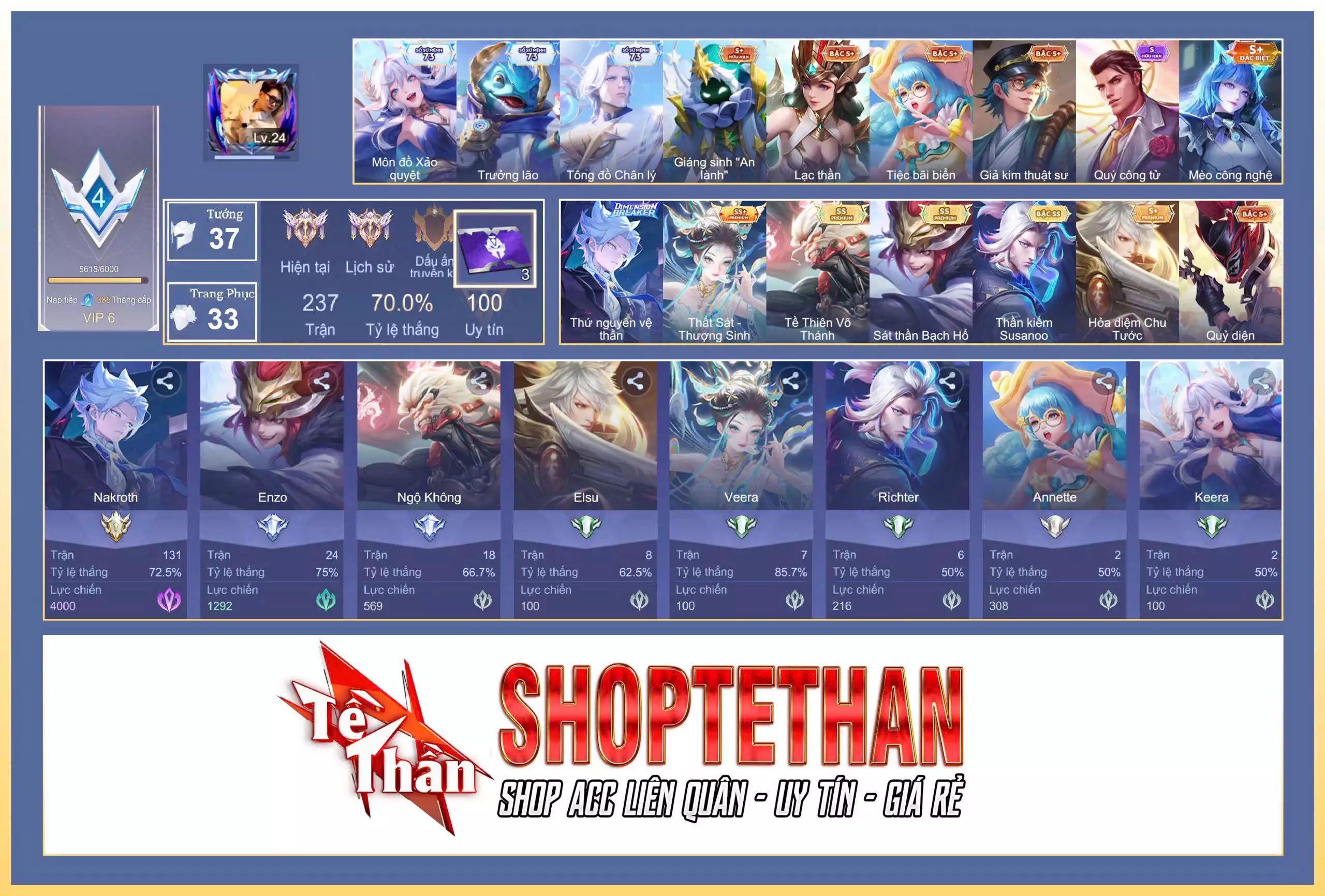 Nakroth thứ nguyên vệ thần, Richter Kiếm thần Susanoo, Veera Thất Sát - Thượng Sinh, Ngộ Không Tề Thiên Võ Thánh, Enzo Sát thần Bạch Hổ...MỖI SĐT