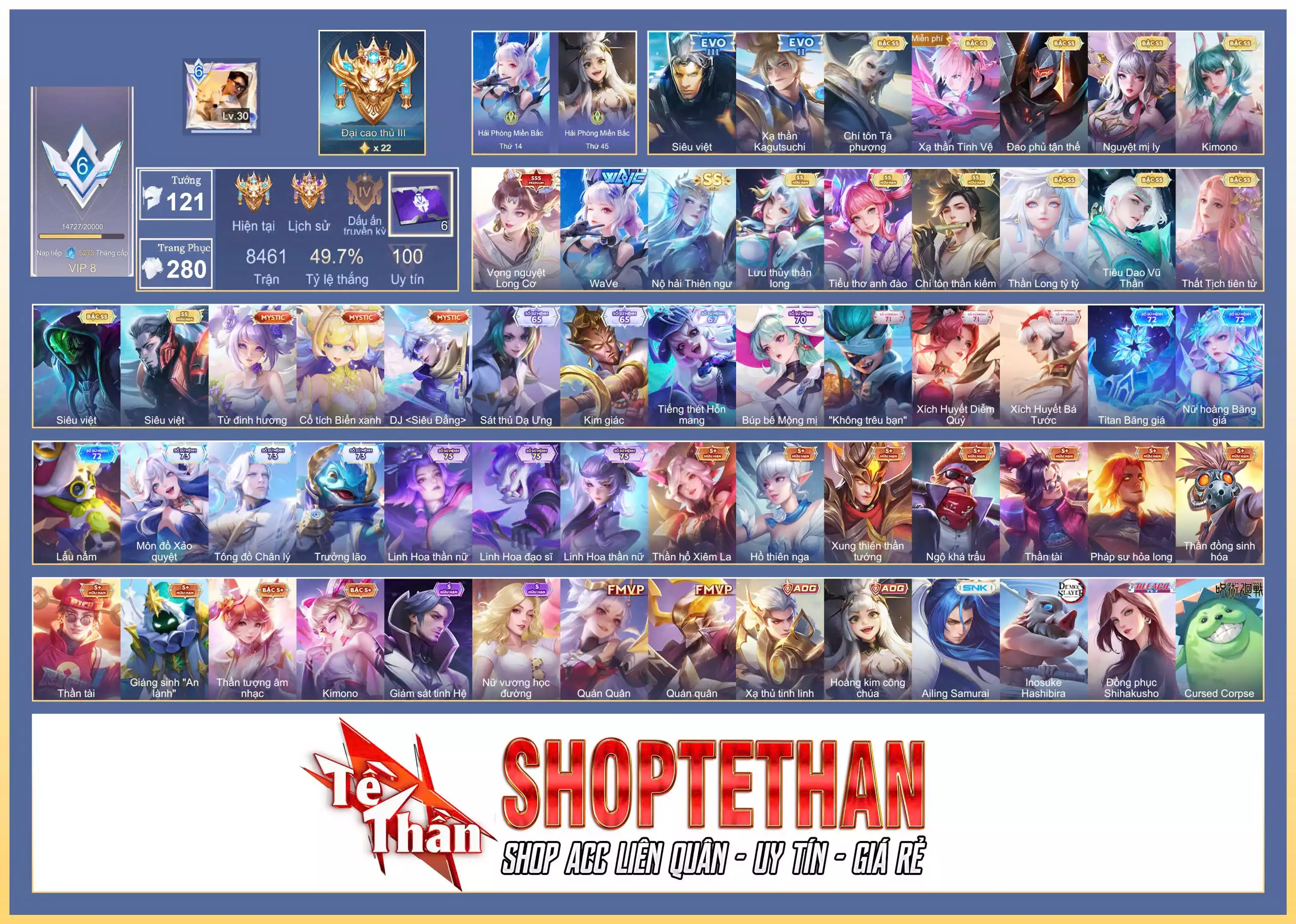 Violet Vọng nguyệt Long Cơ, Liliana WaVe, Liliana Lưu Thủy Thần Long, Raz Siêu việt, Điêu Thuyền Thất Tịch Tiên Tử, Tulen Tiêu Dao Vũ Thần, Capheny Kimono, Laville Xạ Thần Tinh Vệ, Zata Chí tôn Tà Phượng, Omen Đao phủ tận thế...