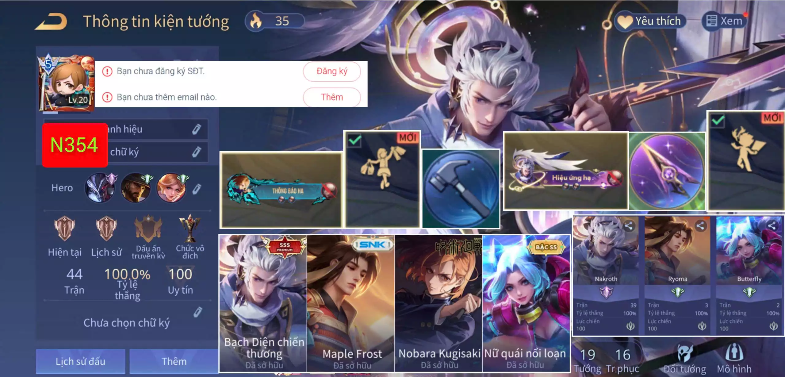 ACC REG LQ: Violet Nobara Kugisaki, Nakroth Bạch diện chiến thương, Ryoma Maple Frost, Butterfly Nữ Quái Nổi Loạn... free đổi tên, trắng thông tin