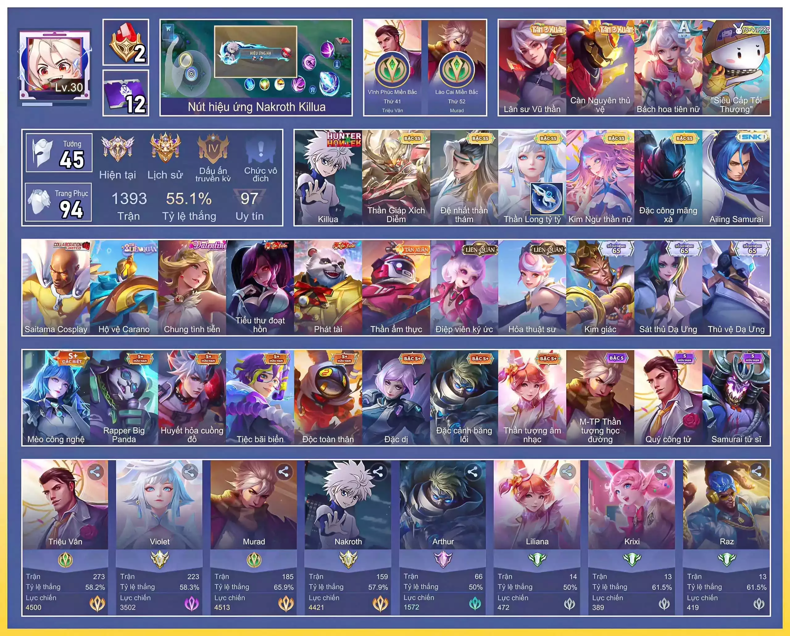 Valhein Đệ nhất thần thám, Violet Thần long tỷ tỷ, Butterfly Kim ngư thần nữ, Ngộ Không Thần Giáp Xích Diễm, Quillen Đặc công mãng xà, Nakroth Killua…