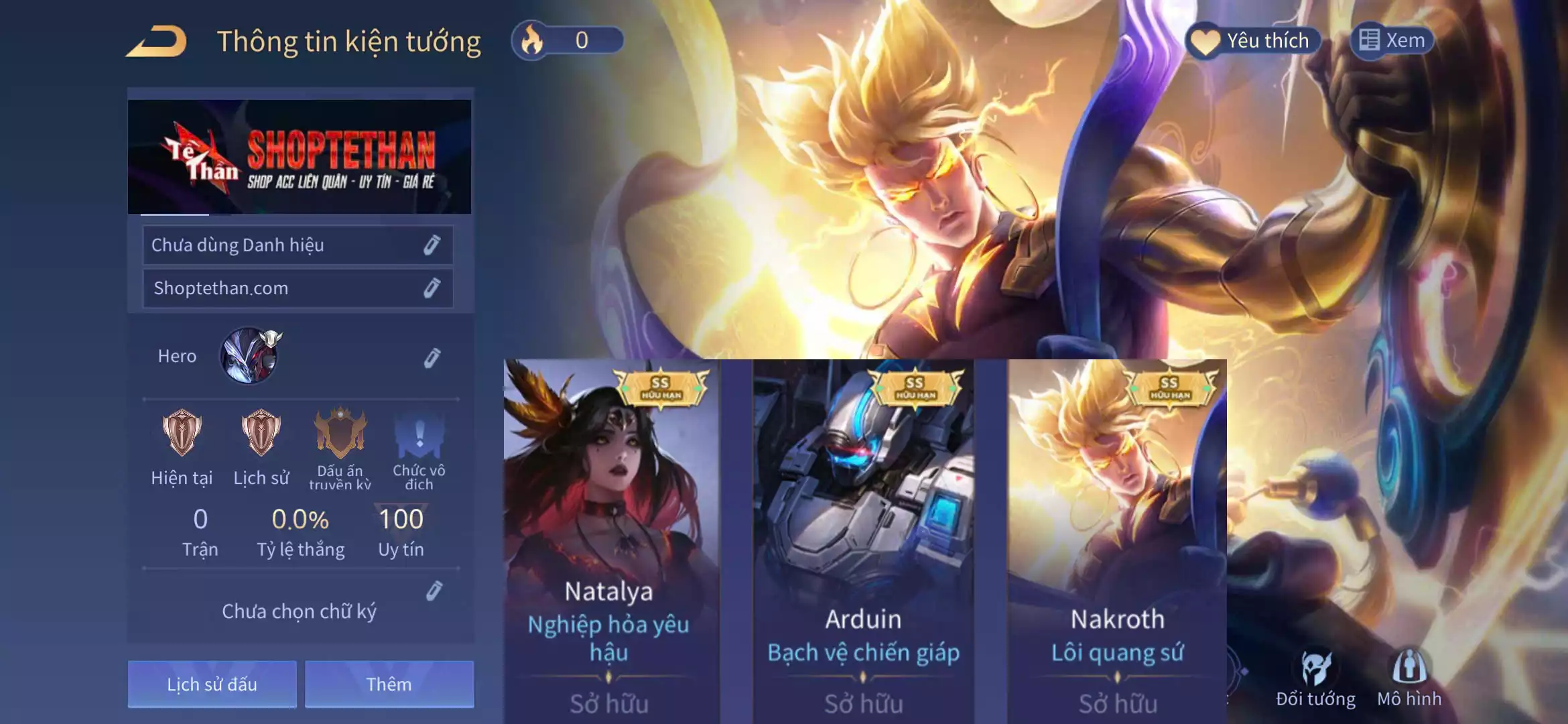 Natalya nghiệp hỏa yêu hậu, Nakroth lôi quang sứ, Arduin bạch vệ chiến giáp... trắng thông tin
