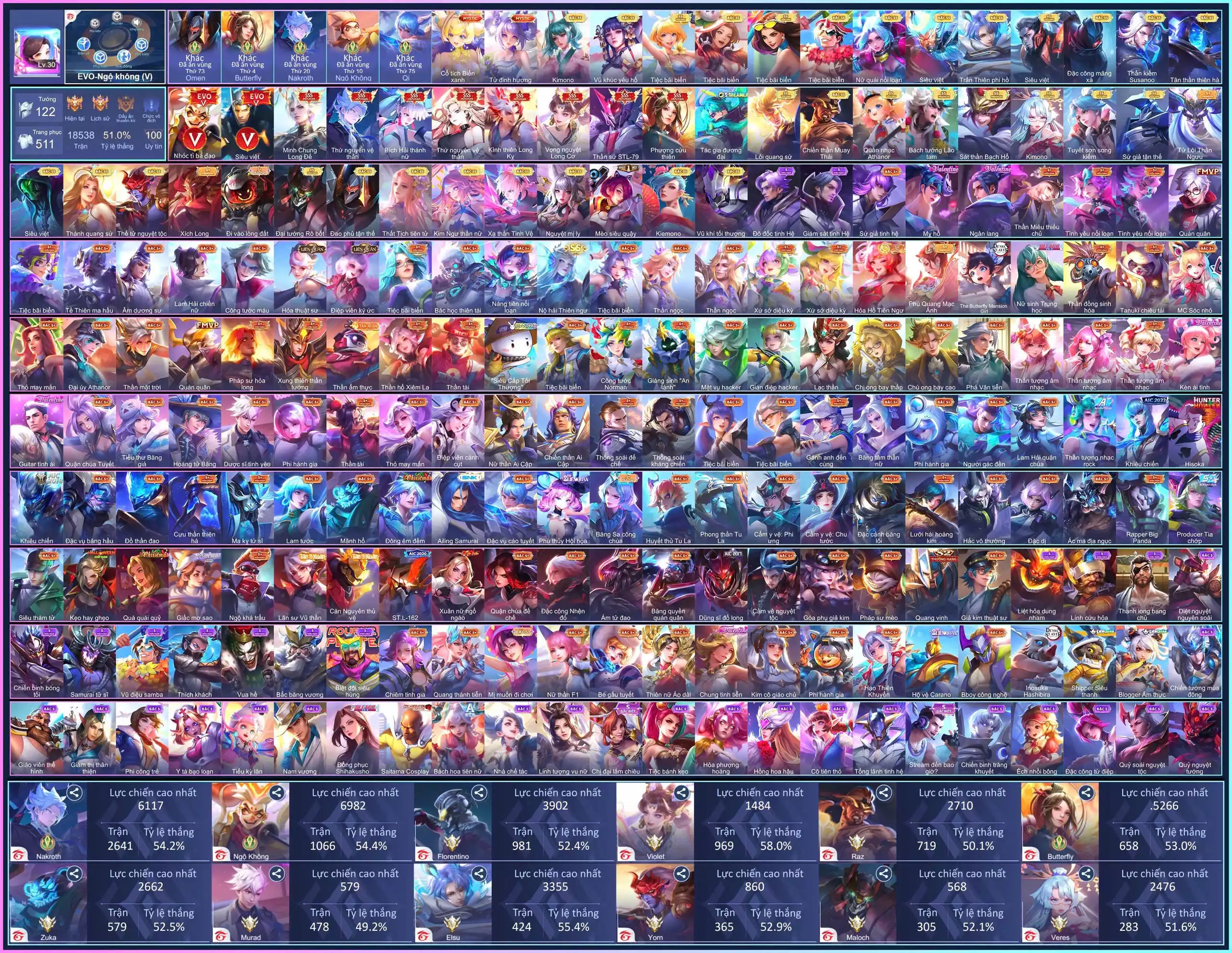 8SSS: Nakroth Vệ Thần, Airi Bích Hải, Bjian Kình Thiên, Violet Vọng Nguyệt, Tulen Robot, Butter Phượng Cửu Thiên, Lauriel Vệ Thần, Triệu Vân Minh Chung,.. dàn ss xịn, ( có chính sách bảo hành acc đầy đủ ) .