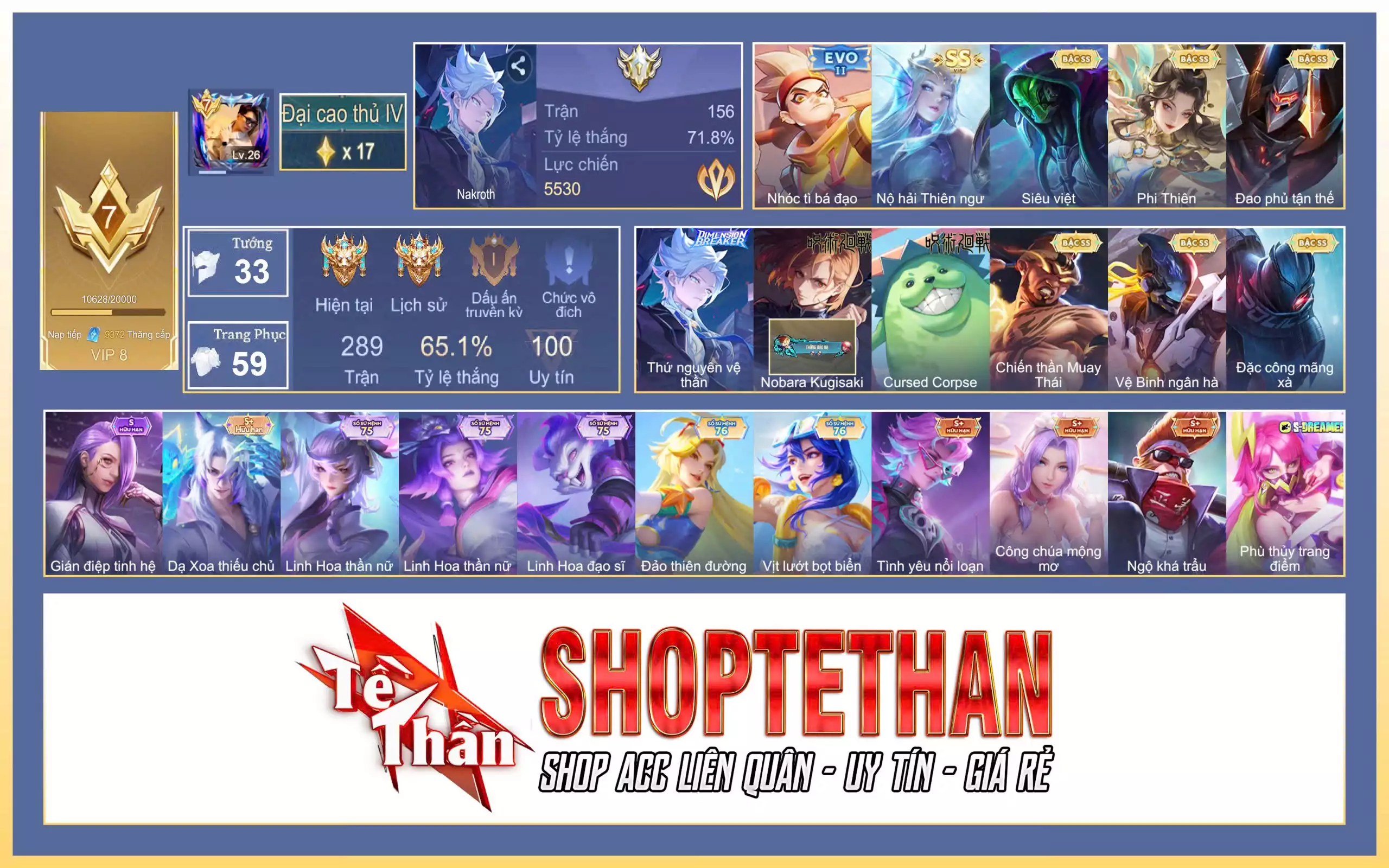 Ảnh Violet Nobara Kugisaki, Nakroth thứ nguyên vệ thần, Lauriel Phi thiên, Yorn Vệ Binh ngân hà, Quillen Đặc công mãng xà, Raz Chiến thần Muay Thái, Raz Siêu việt, Omen Đao phủ tận thế...TRẮNG THÔNG TIN