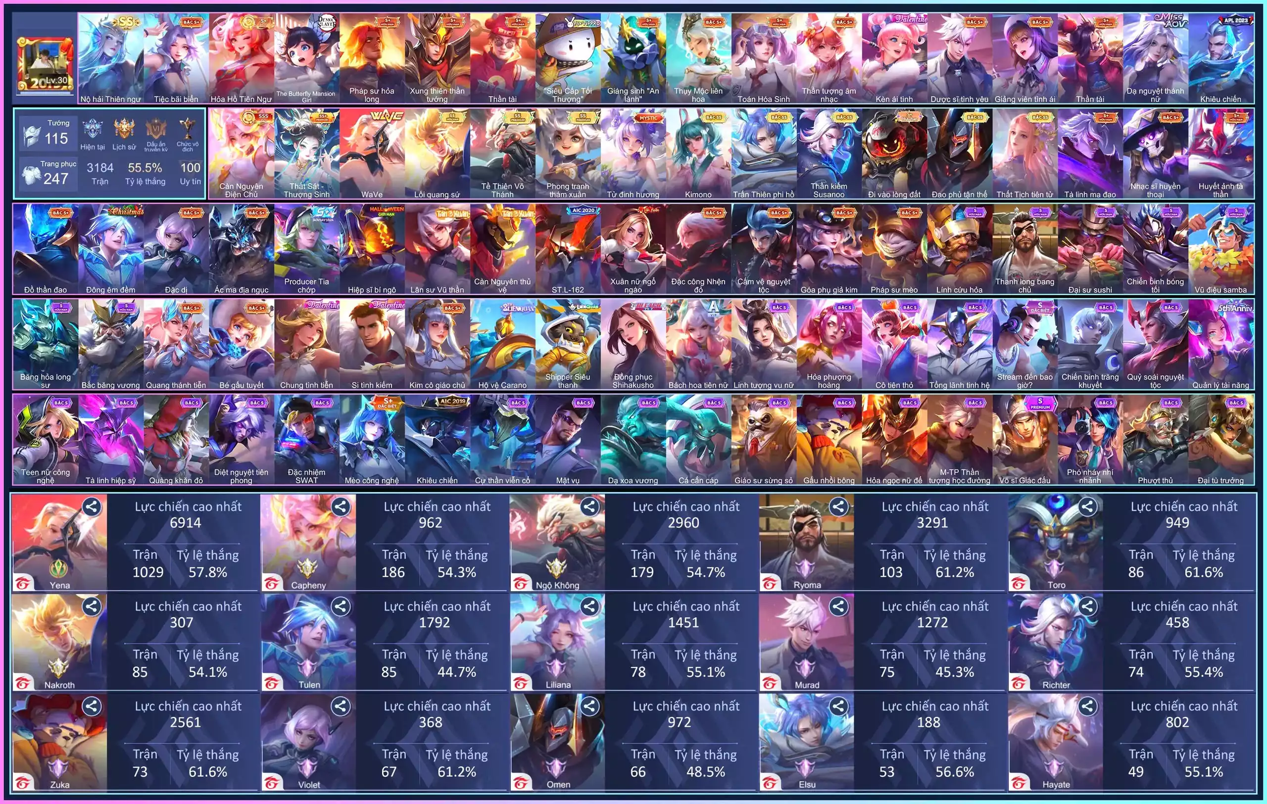 Cap Càn Nguyên Điện Chủ, Nakroth Lôi Quang Sứ, Vera Thất Sát, Yena Wave, Fennick Phong Trang ,..