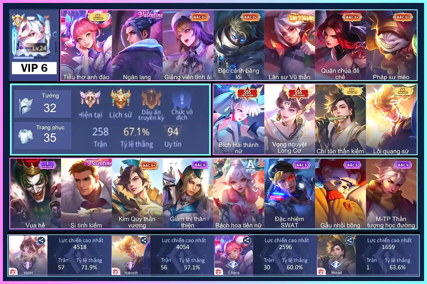 Violet Vọng nguyệt Long Cơ, Airi Bích hải thánh nữ, Liliana Tiểu thơ anh đào, Nakroth Lôi Quang Sứ, Murad Chí tôn thần kiếm...