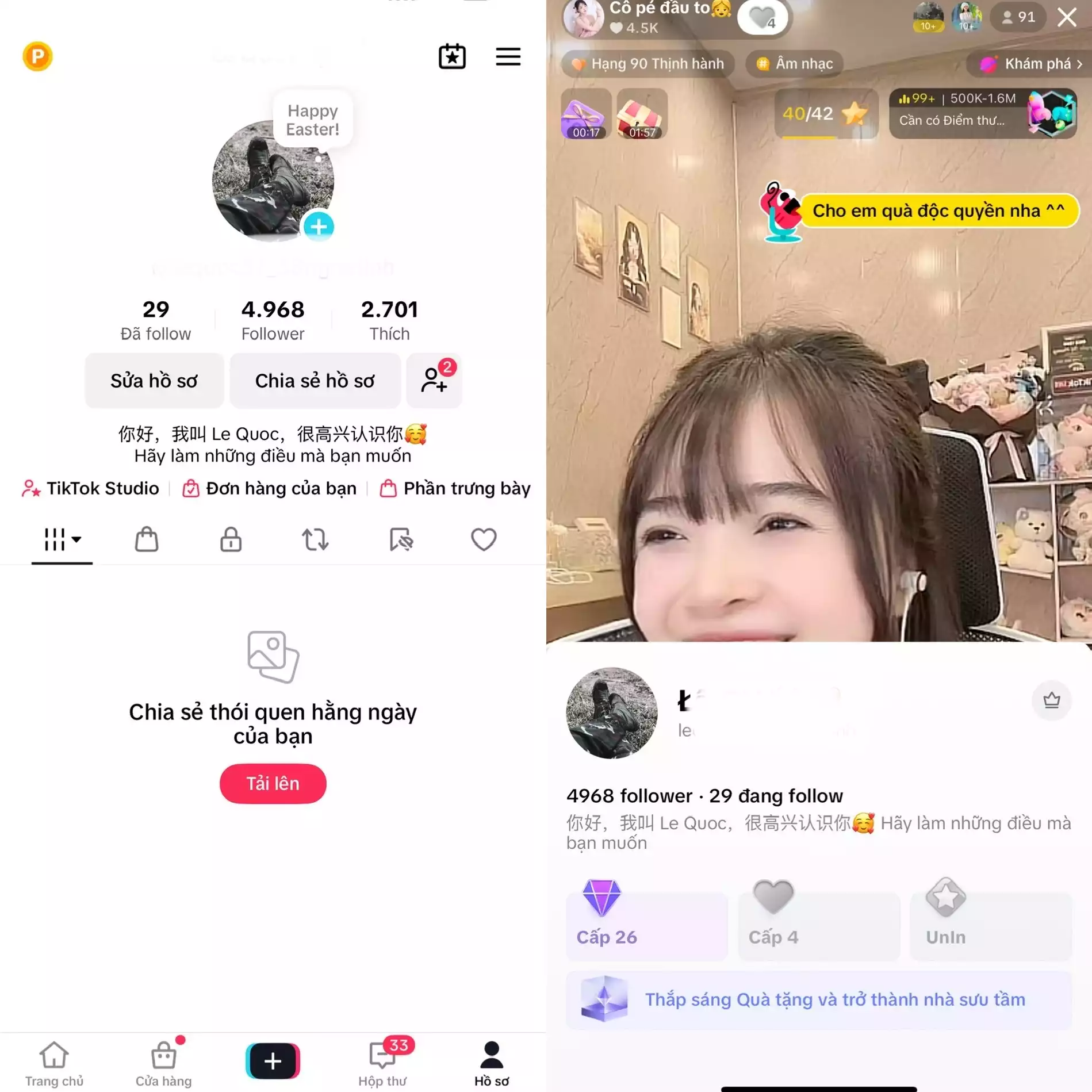 Chủ đề : Cá Nhân + Leverl 26 Follow VN - Có Live Studio, Tiktok Shop - An toàn, Bao đổi thông tin chính chủ