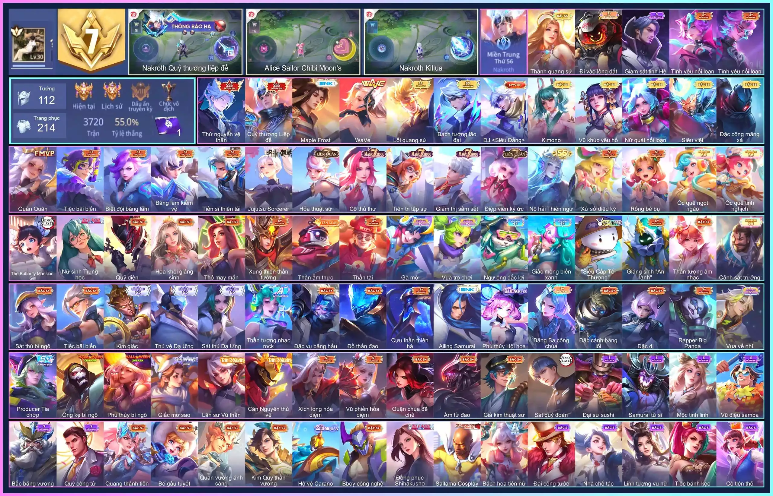 Nakroth thứ nguyên vệ thần, Nakroth Quỷ Thương Liệp Đế, TelAnnas Vũ khúc yêu hồ, Nakroth Lôi Quang Sứ, Butterfly Nữ Quái Nổi Loạn, Ngộ Không Siêu việt, Yena WaVe, Lauriel Thánh quang sứ, Capheny Kimono, Quillen Đặc công mãng xà...