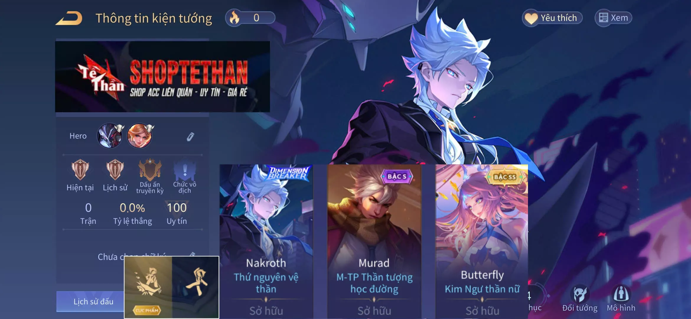 ACC REG: Nakroth thứ nguyên vệ thần có điệu nhảy và đĩa bay + Butterfly kim ngư thần nữ, sẵn tướng, free đổi tên, trắng thông tin, bao ban/bao back