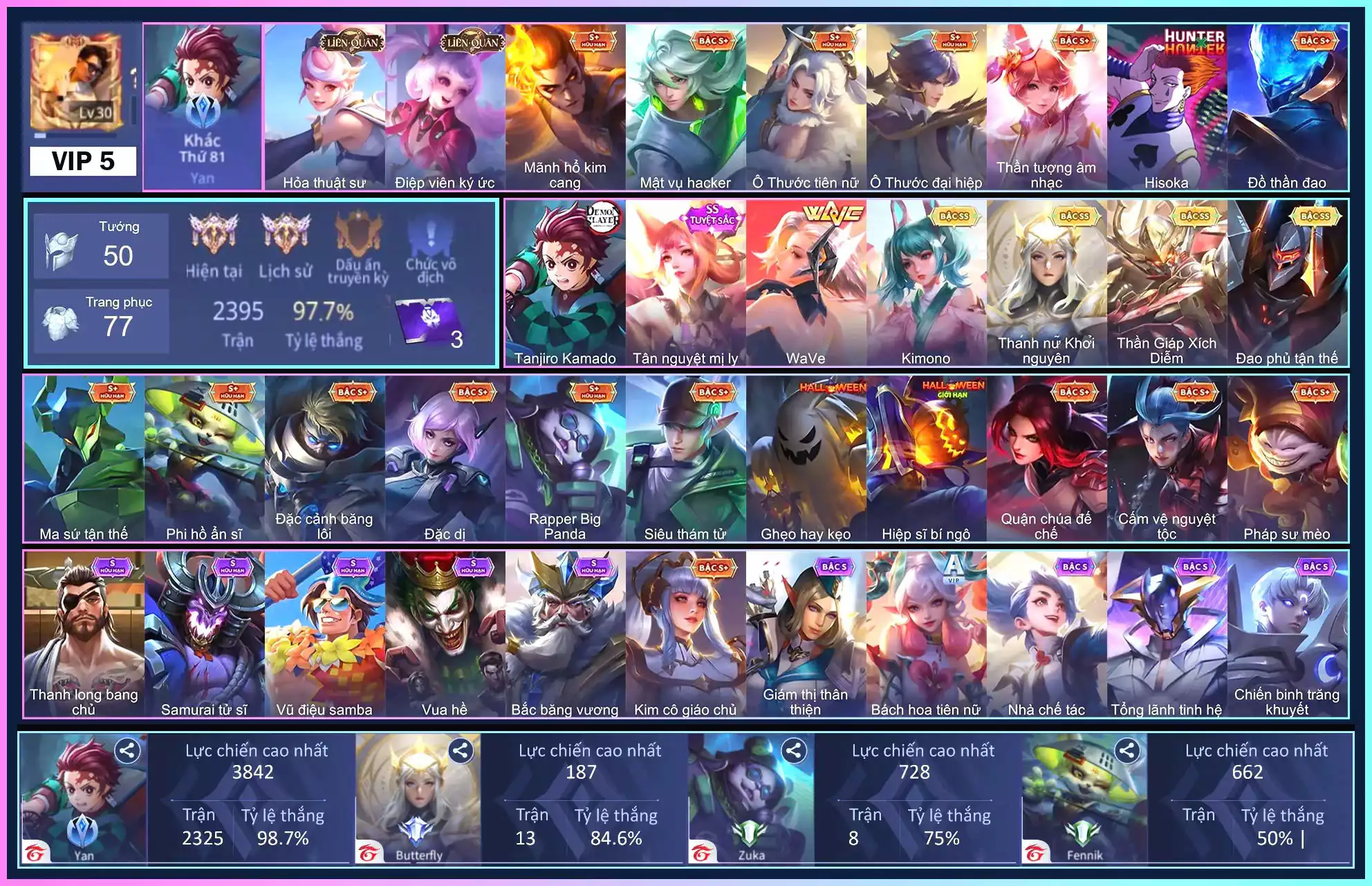 Yan Tanjiro Kamado, Ngộ Không Thần Giáp Xích Diễm, Yena WaVe, Capheny Kimono, Omen Đao phủ tận thế...