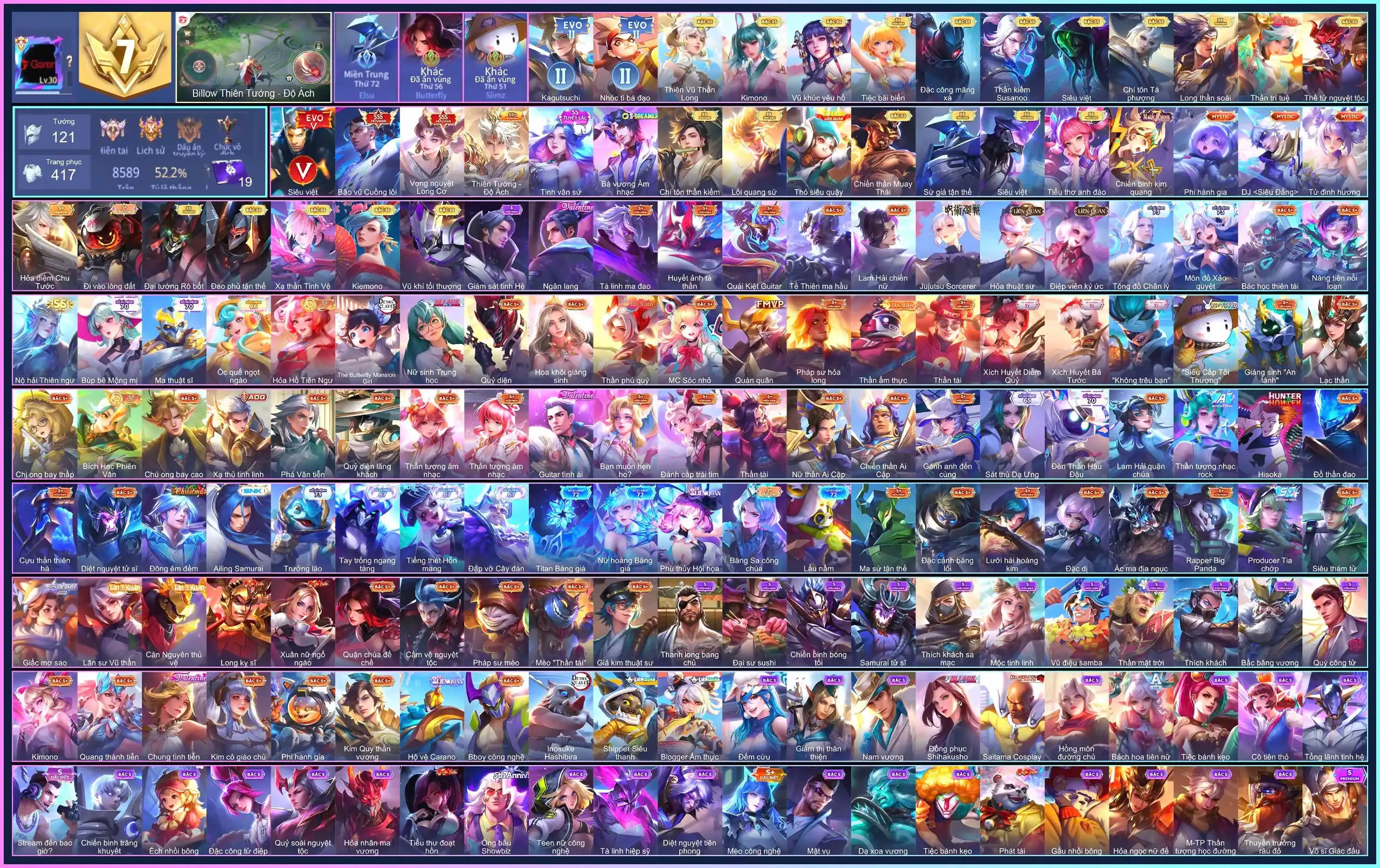 Violet Vọng nguyệt Long Cơ, Raz Bão vũ Cuồng lôi, Nakroth Lôi Quang Sứ, Richter Kiếm thần Susanoo, Capheny Kimono, Liliana Tiểu thơ anh đào, Omen Đao phủ tận thế, Billow Thiên Tướng - Độ Ách...