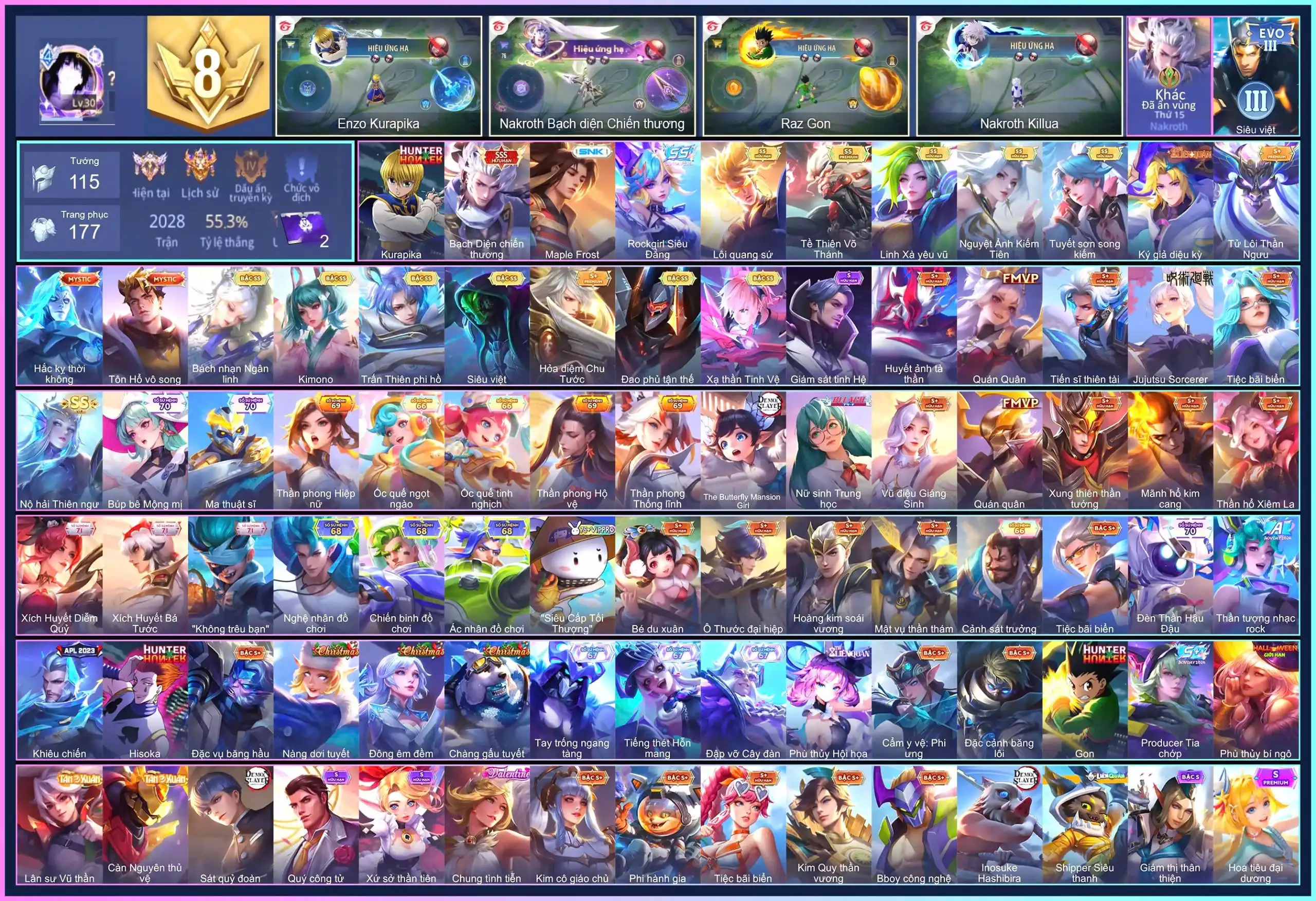 Nakroth Bạch diện chiến thương, Enzo Kurapika, Nakroth Lôi Quang Sứ, Omen Đao phủ tận thế, Laville Xạ Thần Tinh Vệ, Mina Linh Xà yêu vũ, Ngộ Không Tề Thiên Võ Thánh, Capheny Kimono, Elsu Trấn thiên phi hồ, Raz Siêu việt, Allain Tuyết sơn song kiếm, Sephera Bách nhạn ngân linh...