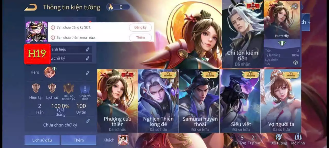ACC REG: Butterfly Phượng Cửu Thiên, Tulen Chí tôn kiếm tiên, Violet Vợ người ta, Ryoma Samurai Huyền thoại, Zephys Siêu việt, Quillen Nghịch thiên long đế... TRẮNG THÔNG TIN