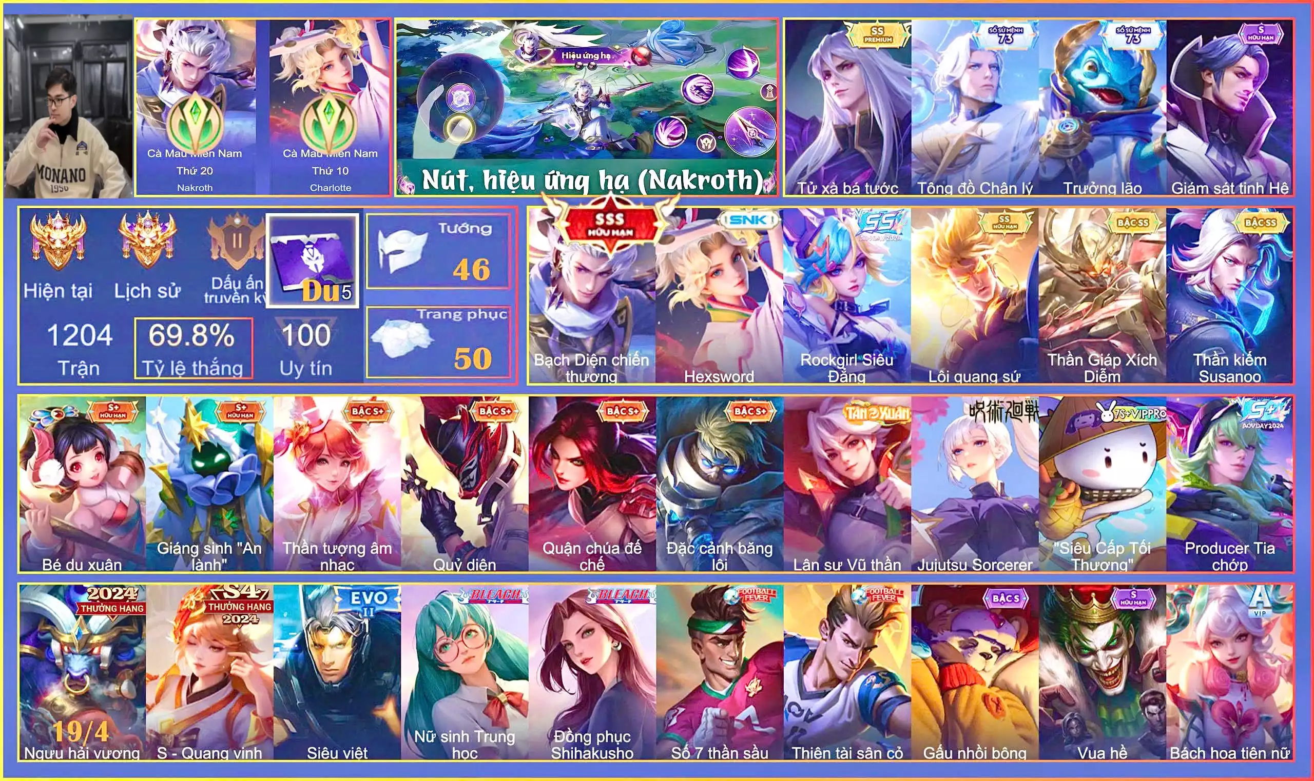 Nakroth Bạch diện chiến thương, Nakroth Lôi Quang Sứ, Ngộ Không Thần Giáp Xích Diễm, Richter Kiếm thần Susanoo, Paine Tử xà Bá tước, Mỗi số 18/5 đổi còn lại trắng