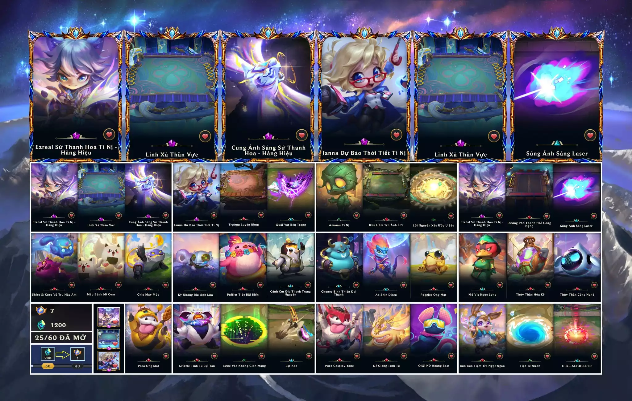 📮 Full Combo VIP Bộ 3 Ezreal Hàng Hiệu ✅ Ezreal Sứ Thanh Hoa Tí Nị - Hàng Hiệu ✅ Janna Dự Báo Thời Tiết 🌠 Sàn Tím - Linh Xà Thần Vực 🔰 Chưởng - Cung Ánh Sáng Sứ Thanh Hoa - Hàng Hiệu ✅ Sàn - 3 Sàn Đấu Đỏ Cực Đẹp ➡️ Dư 7 Huy Chương Thần Thoại (25/60) 🍁 Có Thẻ Đổi Tên Nhân Vật Miễn Phí