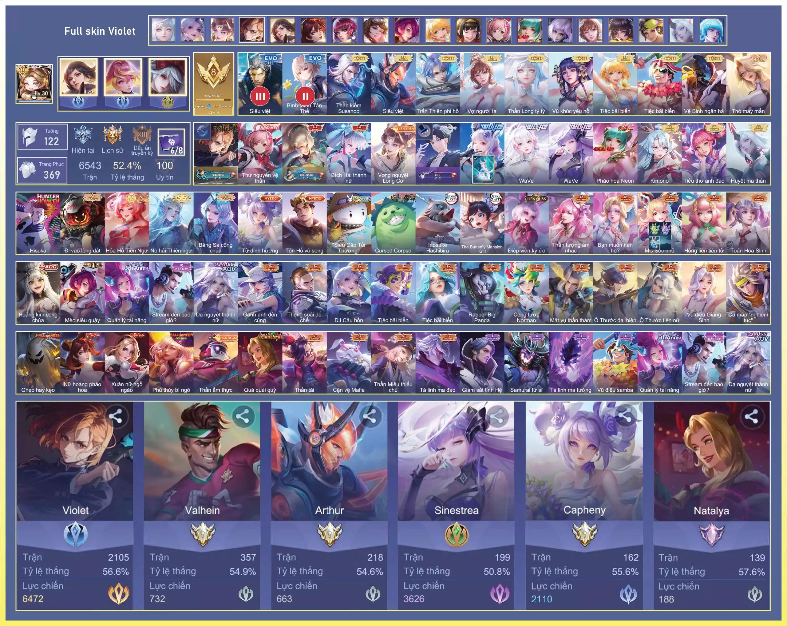 Full Skin Violet Thứ nguyên vệ thần, Violet Vọng nguyệt Long Cơ, Airi Bích hải thánh nữ, Hayate Tu Di Thánh Đế, Liliana WaVe, Điêu Thuyền Wave , Violet Nobara Kugisaki