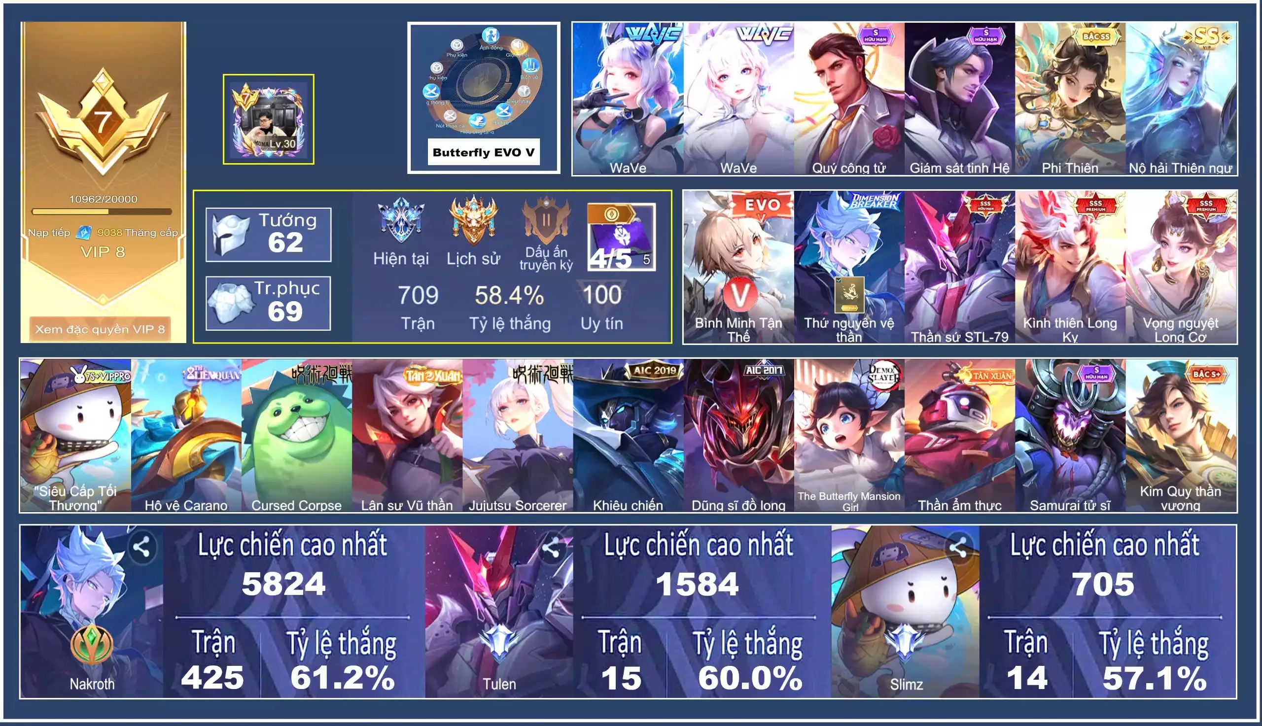 Ảnh Butterfly EVO 5, Nakroth thứ nguyên vệ thần, Tulen Thần sứ ST.L-79, Bijan Kình thiên Long Kỵ, Violet Vọng nguyệt Long Cơ, Liliana WaVe, Điêu Thuyền WaVe, Mỗi số 18/6 đổi còn lại trắng all