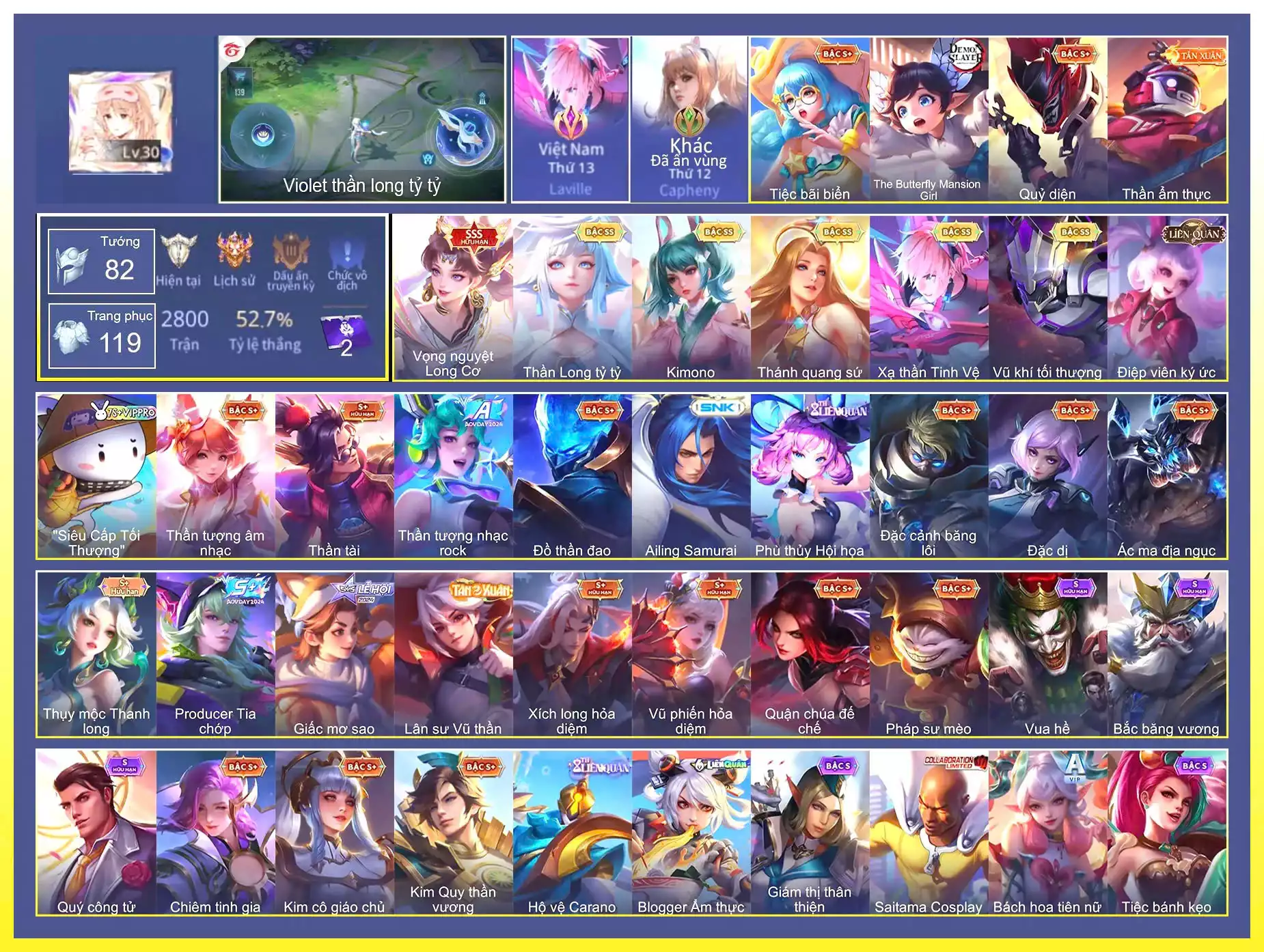 Violet Vọng nguyệt Long Cơ, Valhein Vũ khí tối thượng, Laville Xạ Thần Tinh Vệ, Capheny Kimono, Violet Thần long tỷ tỷ, Lauriel Thánh quang sứ...MỖI SĐT