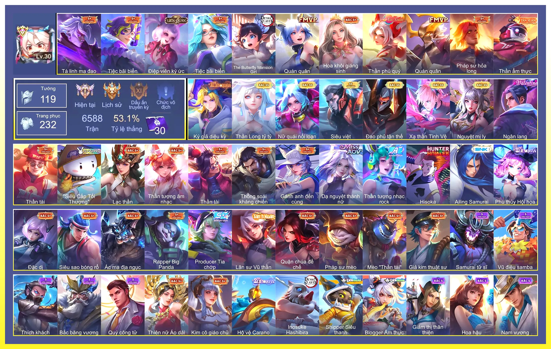 Violet Thần long tỷ tỷ, Butterfly Nữ Quái Nổi Loạn, Murad Siêu việt, Omen Đao phủ tận thế, Laville Xạ Thần Tinh Vệ, Liliana Nguyệt mị ly…Trắng thông tin không liên kết