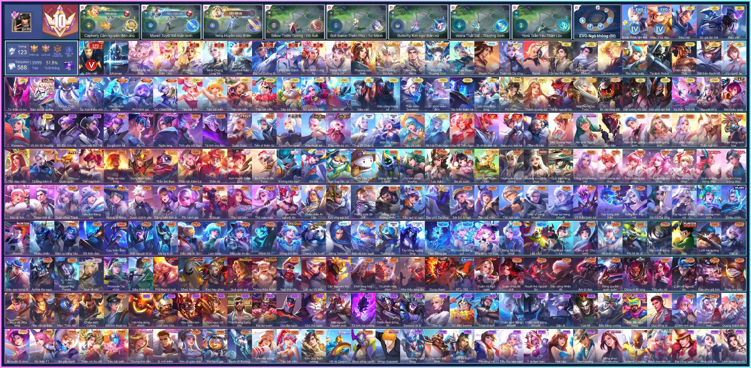 (VIP 10) Triệu Vân Minh Chung Long Đế, Butterfly Phượng Cửu Thiên, Violet Vọng nguyệt Long Cơ, Airi Bích hải thánh nữ, Murad Tuyệt thế thần binh, Raz Bão vũ Cuồng lôi, Capheny Càn Nguyên Điện Chủ, Yena Huyền cửu thiên, Bijan Kình thiên Long Kỵ...