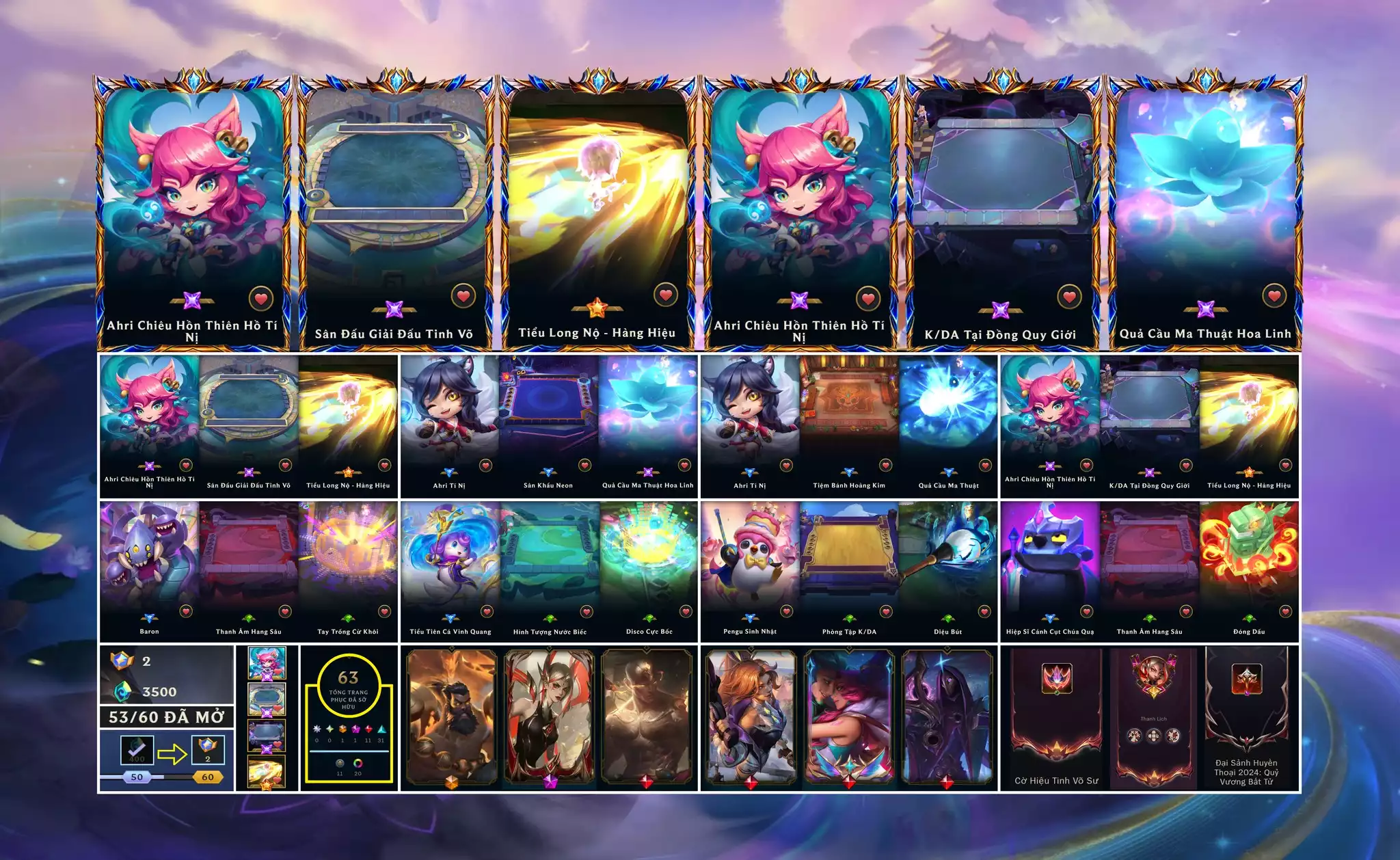 📮 TFT - Main Nữ ▶ Ahri Chiêu Hồn Thiên Hồ Tí Nị ▶ Ahri Tí Nị 🧧 Sàn Đấu - Sân Đấu Giải Đấu Tinh Võ 🧧 K/DA Tại Đồng Quy Giới 🌠 Chưởng - Tiểu Long Nộ - Hàng Hiệu 🌠 Chưởng - Quả Cầu Ma Thuật Hoa Linh ➡️ Dư 2 Huy Chương ➡️ Dư 3500 Pha Lê 🍁 Có Thẻ Đổi Tên Ingame