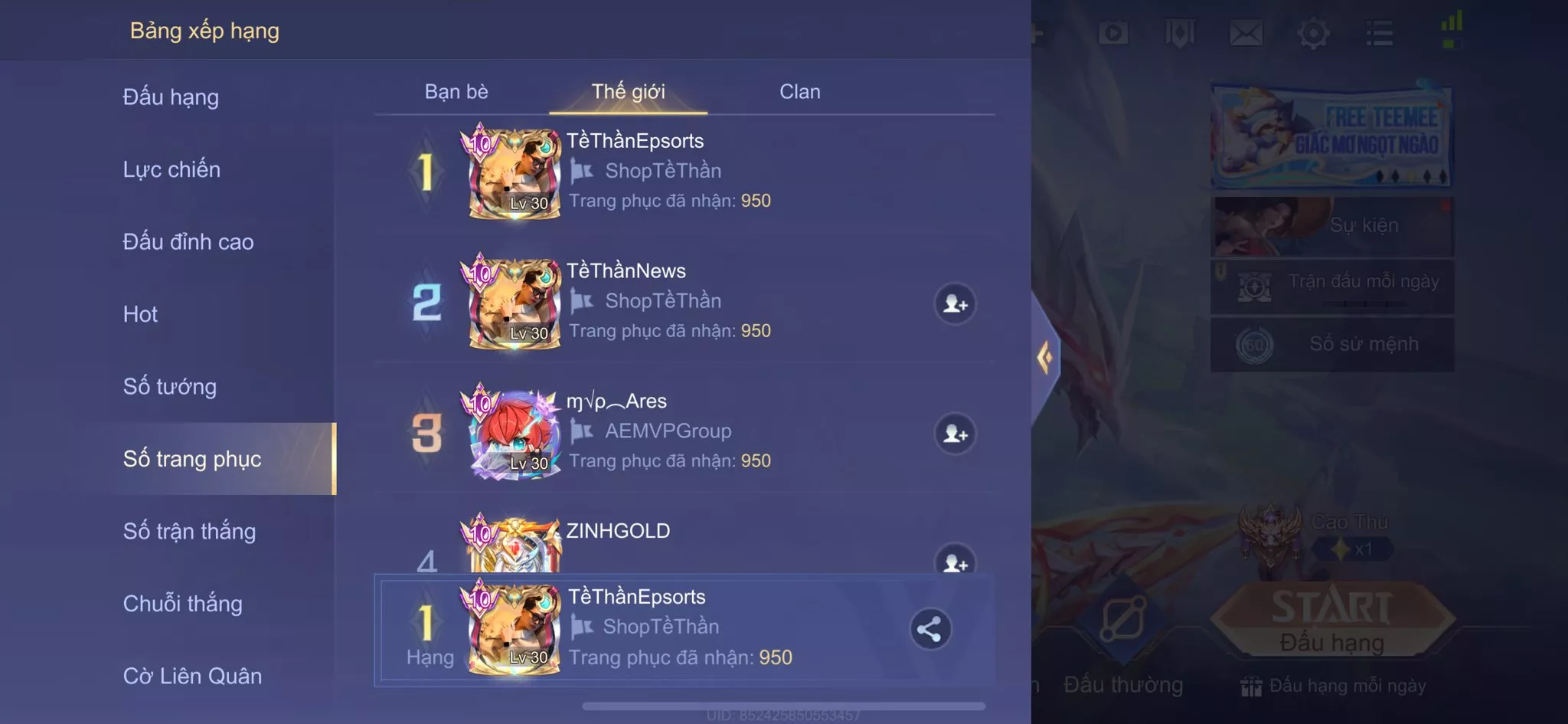 Ảnh MUA BÁN ACC LIÊN QUÂN FULL SKIN, MÁC THÁCH ĐẤU, FULL 26 ẤN CAO THỦ, 5 CỤC VÀNG CHAMP AD, ĐỔI ĐƯỢC AVATAR, BẢO HÀNH ĐẦY ĐỦ...DƯ 10K QUÂN HUY