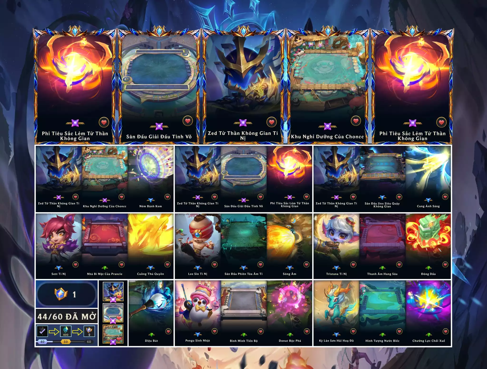 📮TFT - VIP Ngon ▶ Zed Tử Thần Không Gian Tí Nị  ▶ Leesin Tí Nị - Set Tí Nị - Tristana Tí Nị 🧧 Sàn Đấu - Sân Đấu Giải Đấu Tinh Võ 🧧 Sàn Đấu - Khu Nghỉ Dưỡng Của Choncc 🌠 Phi Tiêu  Sắc Lẻm Tử Thần Không Gian ➡️ Dư 1 Huy Chương (44/60) ➡️ Dư 1.150 Pha Lê 🍁 Có Thẻ Đổi Tên Nhân Vật Miễn Phí