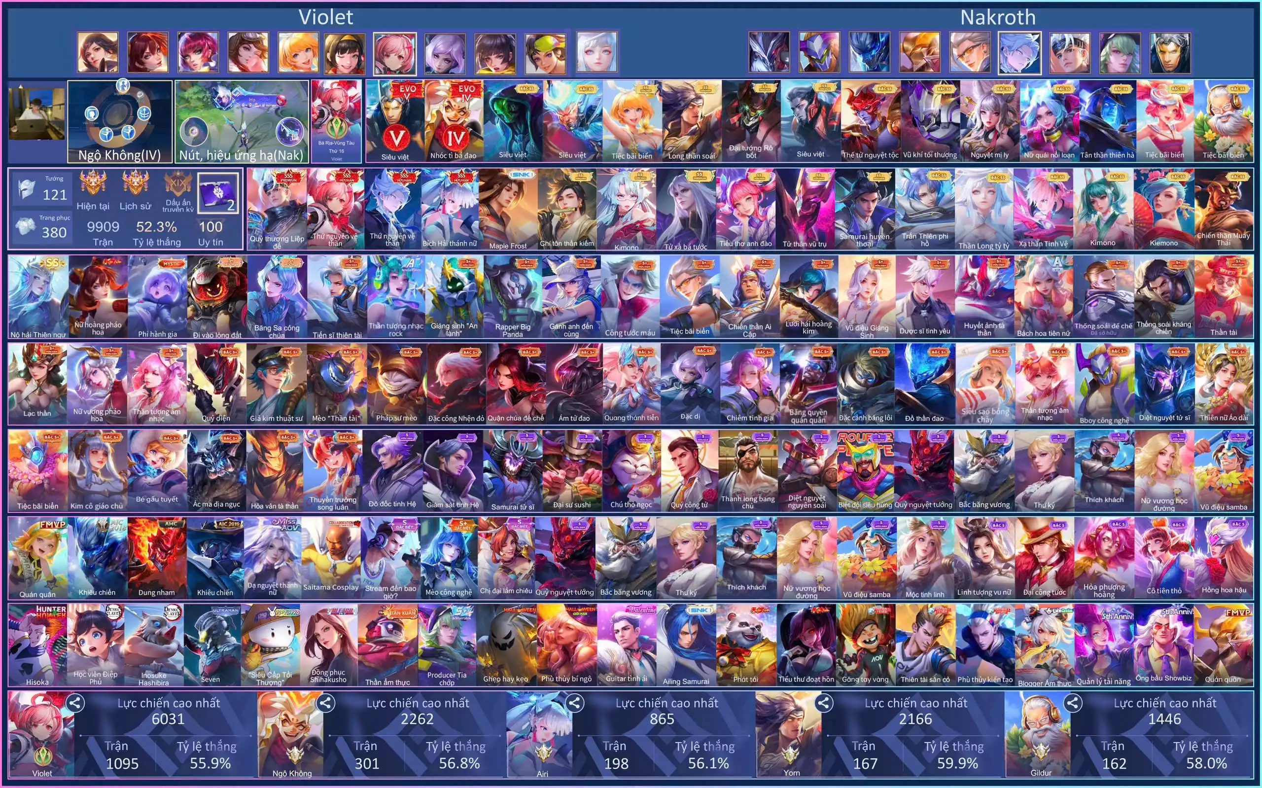 Nakroth Quỷ Thương, Nakroth Vệ Thần, Airi Bích Hải, Violet Vệ Thần, Ryoma Maple, Murad Chí Tôn, Veres Kimono,.. dàn ss xịn