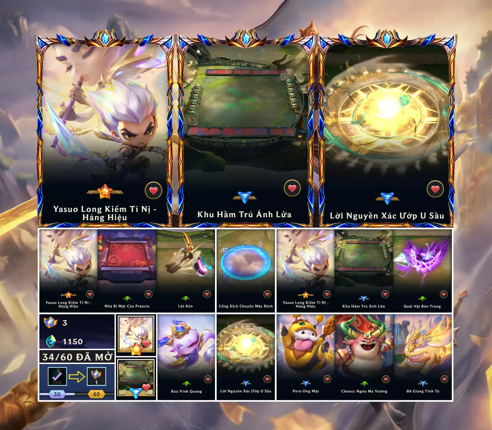 📮 Pet - Hàng Hiệu ▶ Yasuo Long Kiếm Tí Nị - Hàng Hiệu ⬆️ Sàn - Khu Hầm Chứa Ánh Lửa ⬆️ Sàn - Nhà Bí Mật Của Prancie ✅ Chưởng - Lời Nguyền Xác Ướp U Sầu ✅ Chưởng - Quái Vật Bên Trong 🍁 Dư 3 Huy Chương Thần Thoại (34/60) 🌠  Tích 5 Huy Chương - Quy Đổi Chưởng Lực PET HÀNG HIỆU