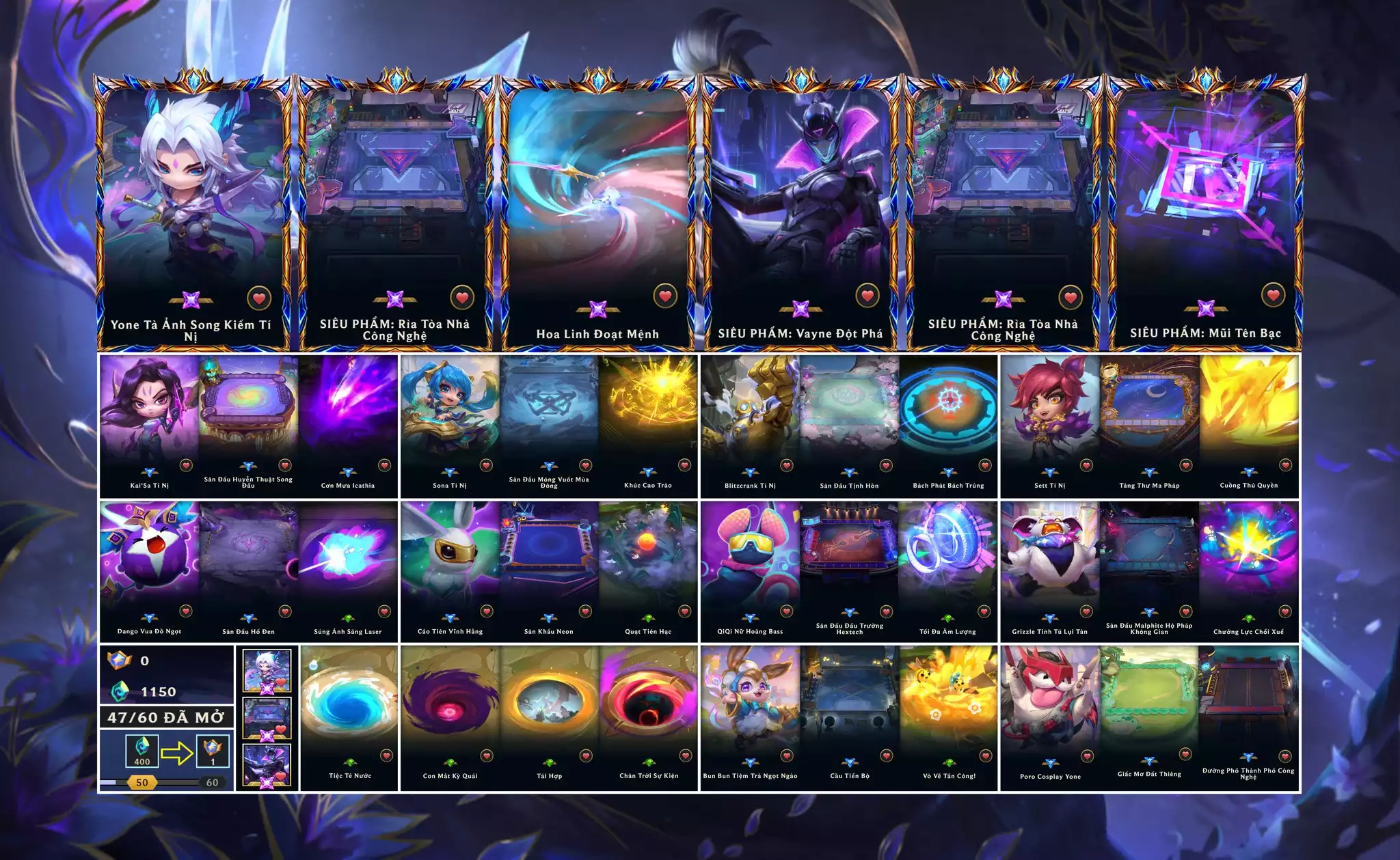 📮 TFT - VIP Ngon ▶ Yone Tà Ảnh Song Kiếm Tí Nị ▶ Siêu Phẩm: Vayne Đột Phá ▶ Kaisa Tí Nị - Sona Tí Nị - Set Tí Nị - Blitz Tí Nị 🧧 Sàn Đấu - Siêu Phẩm Rìa Tòa Nhà Công Nghệ 🌠 Chưởng Limit - Hoa Linh Đoạt Mệnh 🌠 Chưởng Limit - Siêu Phẩm: Mũi Tên Bạc ➡️ Vòng Quay Huy Chương (47/60) ➡️ Dư 1.150 Pha Lê 🍁 Unrank - CĐHH ✅ 4 Cổng Dịch Chuyển VIP