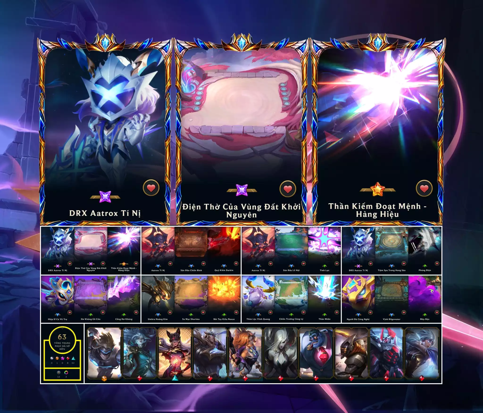📮Combo Cực Vip - Chưởng Lực Hàng Hiệu ✅ DRX Aatrox Tí Nị ✅ Điện Thờ Vùng Đất Khởi Nguyên ⬆️ Chưởng - Thần Kiếm Đoạt Mệnh - Hàng Hiệu ✅ Trang Phục - 63 Skin 🍁 Unrank TFT - LOL 🍁 Có Thẻ Đổi Tên Nhân Vật Miễn Phí