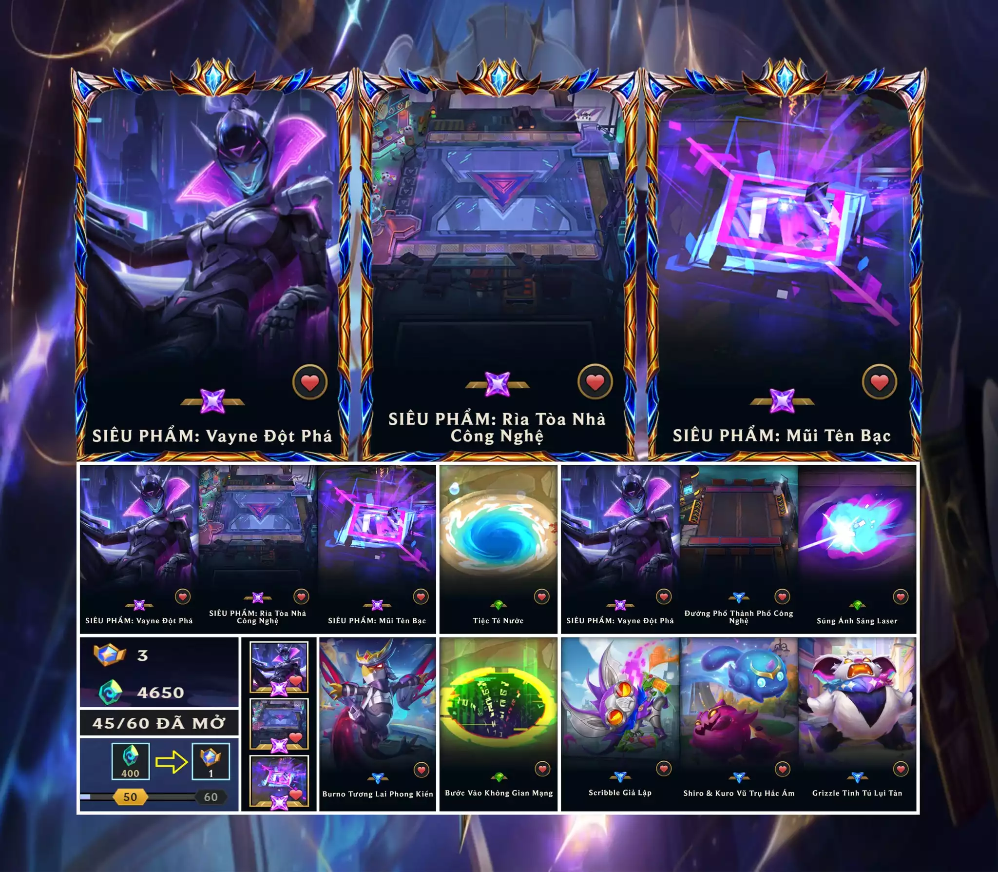 📮 Full Combo Bộ 3 Vayne Siêu Phẩm Vip 📮 Siêu Phẩm Vayne Đột Phá ✅ Sàn Tím - Siêu Phẩm: Rìa Tòa Nhà Công Nghệ ⬆️ Chưởng: Siêu Phẩm: Mũi Tên Bạc  ✅ Dư 3 Huy Chương Thần Thoại (45/20) 🍁 Có Thẻ Đổi Tên Nhân Vật Miễn Phí