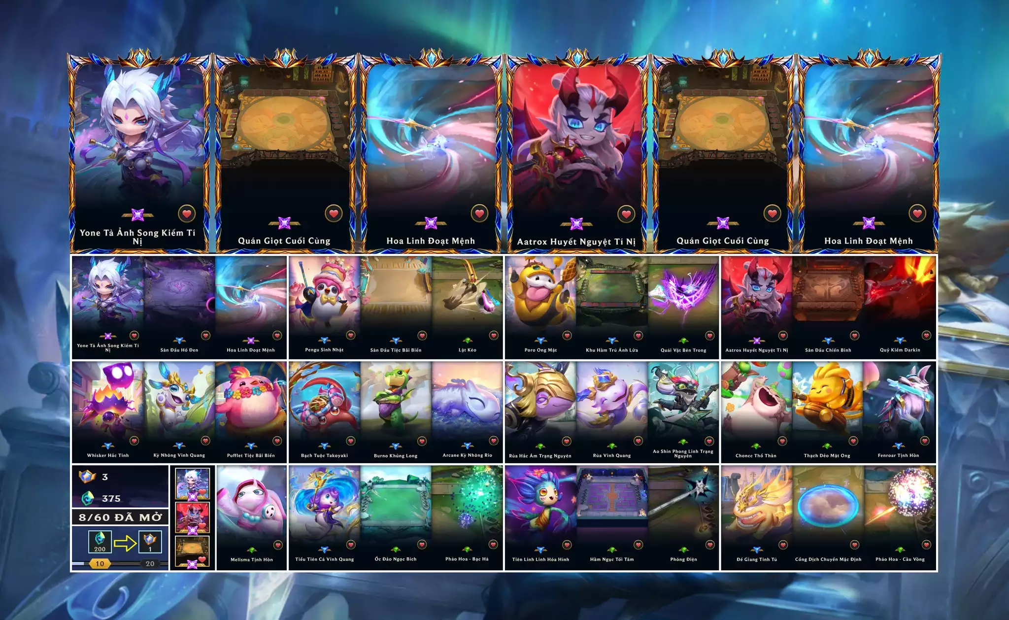📮 TFT - VIP Ngon ▶ Yone Tà Ảnh Song Kiếm Tí Nị ▶ Aatrox Huyết Nguyệt Tí Nị ✅ Sàn Tím - Quán Giọt Cuối  ⬆️ Bộ Chưởng Lực Đẹp -  Chưởng - Hoa Linh Đoạt Mệnh 🌠  Quỷ Kiếm Darkin ✅ Sàn - 4 Sàn Đấu Đỏ Cực Đẹp ➡️ Dư 3 Huy Chương Thần Thoại (8/20)🍁 Unrank TFT - Cặp Đôi Hoàn Hảo ️