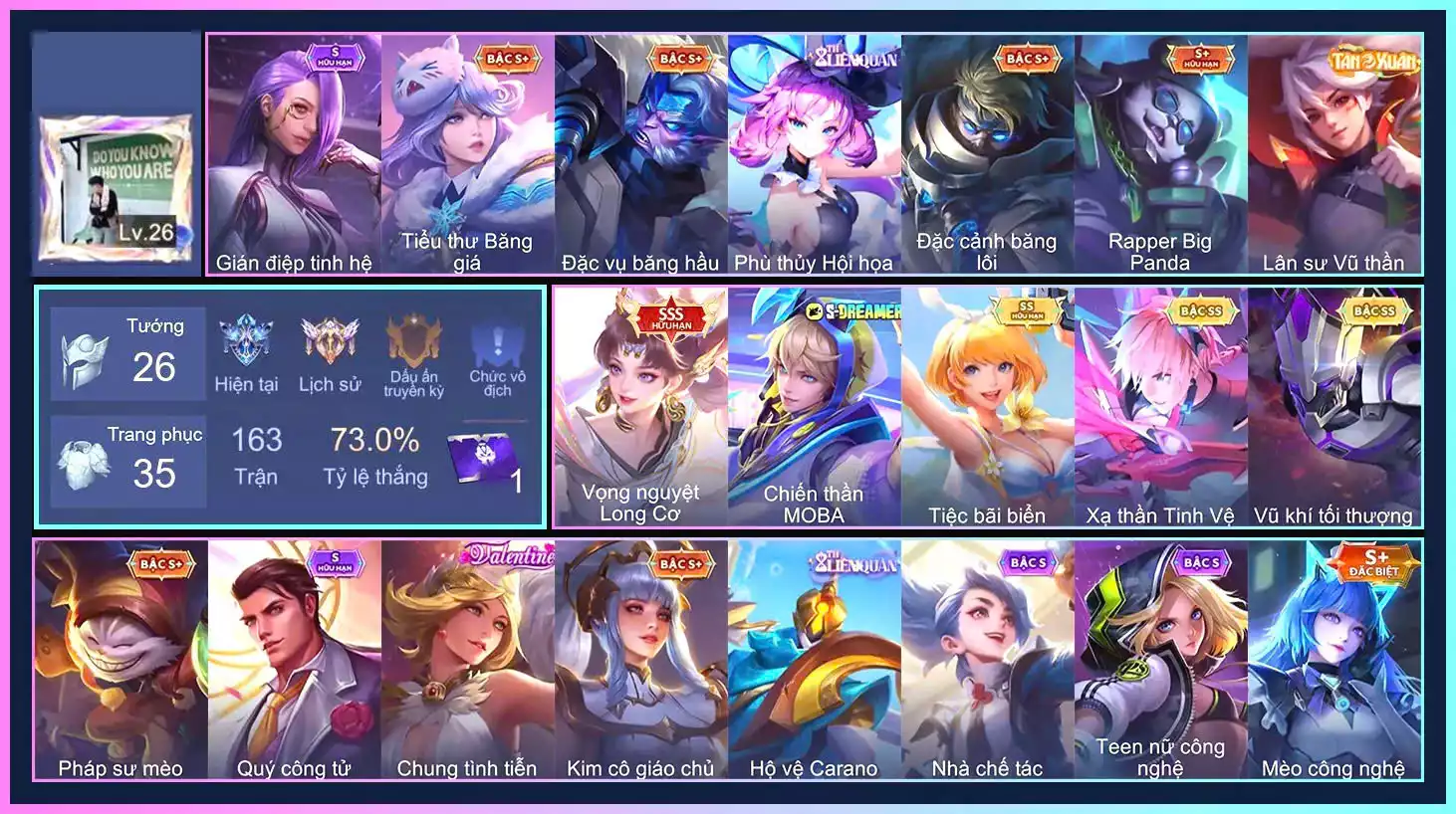 CHAM AD, Violet Vọng nguyệt Long Cơ, Laville Chiến thần MOBA, Valhein Vũ khí tối thượng, Violet Tiệc bãi biển, Laville Xạ Thần Tinh Vệ...TRẮNG THÔNG TIN