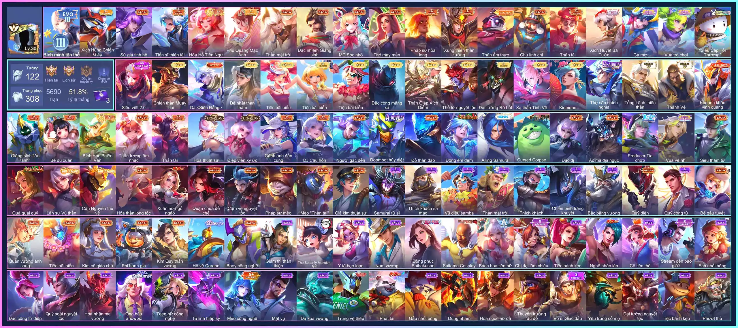 Ảnh 300 SKIN, Valhein Đệ nhất thần thám, Krixi Tiệc Bãi Biển, Airi Kiemono, Yorn Thế Tử Nguyệt Tộc, Violet Tiệc bãi biển, Ngộ Không Thần Giáp Xích Diễm, Lữ Bố Tiệc Bãi Biển, Raz Chiến thần Muay Thái, Laville Xạ Thần Tinh Vệ, Quillen Đặc công mãng xà, Maloch Đại Tướng Robot...