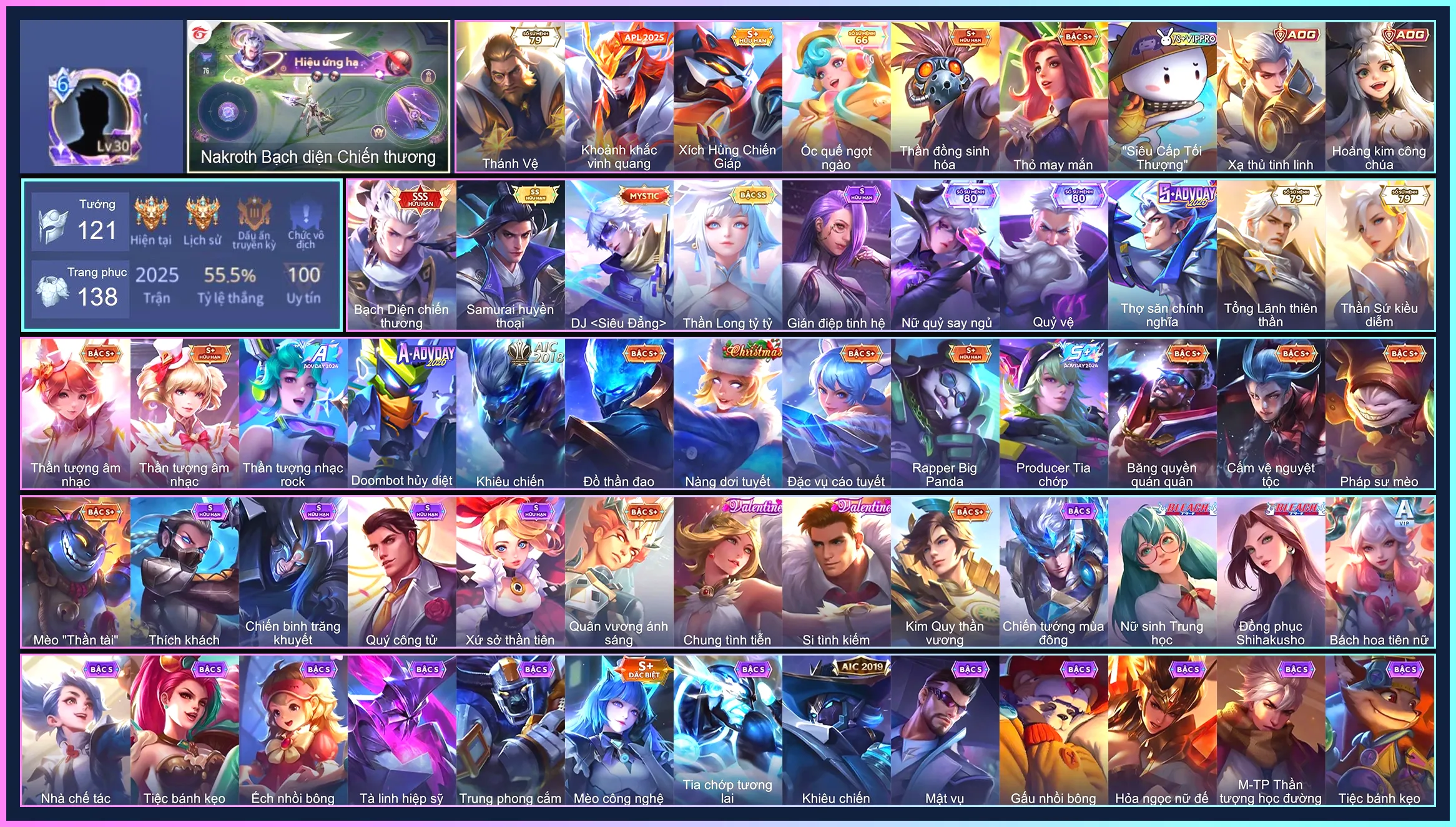 Nakroth Bạch diện chiến thương, Violet Thần long tỷ tỷ, Ryoma Samurai Huyền thoại... CHƯA CÀI GMAIL, CHƯA CÀI CCCD
