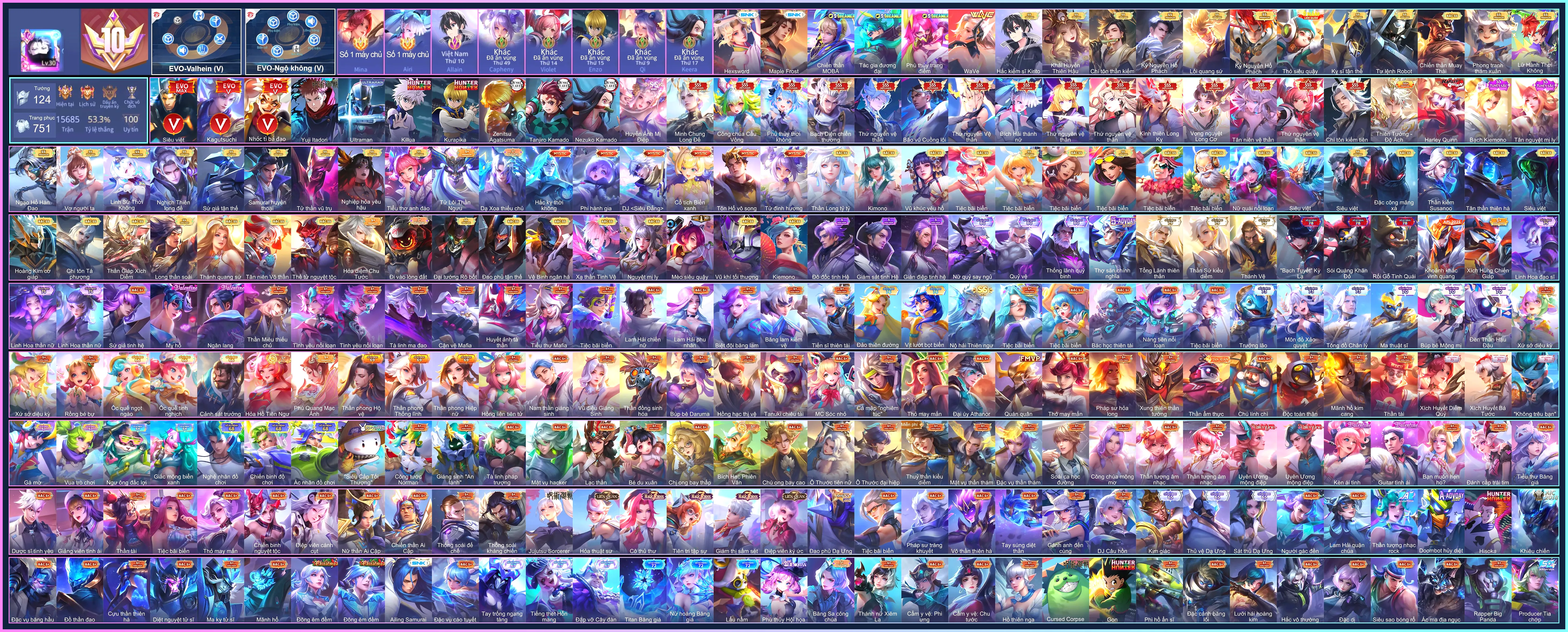 (VIP 10) MÁC THÁCH ĐẤU, 2 CỤC VÀNG, 15 SKIN SSS, Nakroth Killua, Murad Zenitsu Agatsuma, Allain Kirito Hắc kiếm sĩ, Yan Tanjiro Kamado, Biron Yuji Itadori... ĐỔI ĐƯỢC CCCD