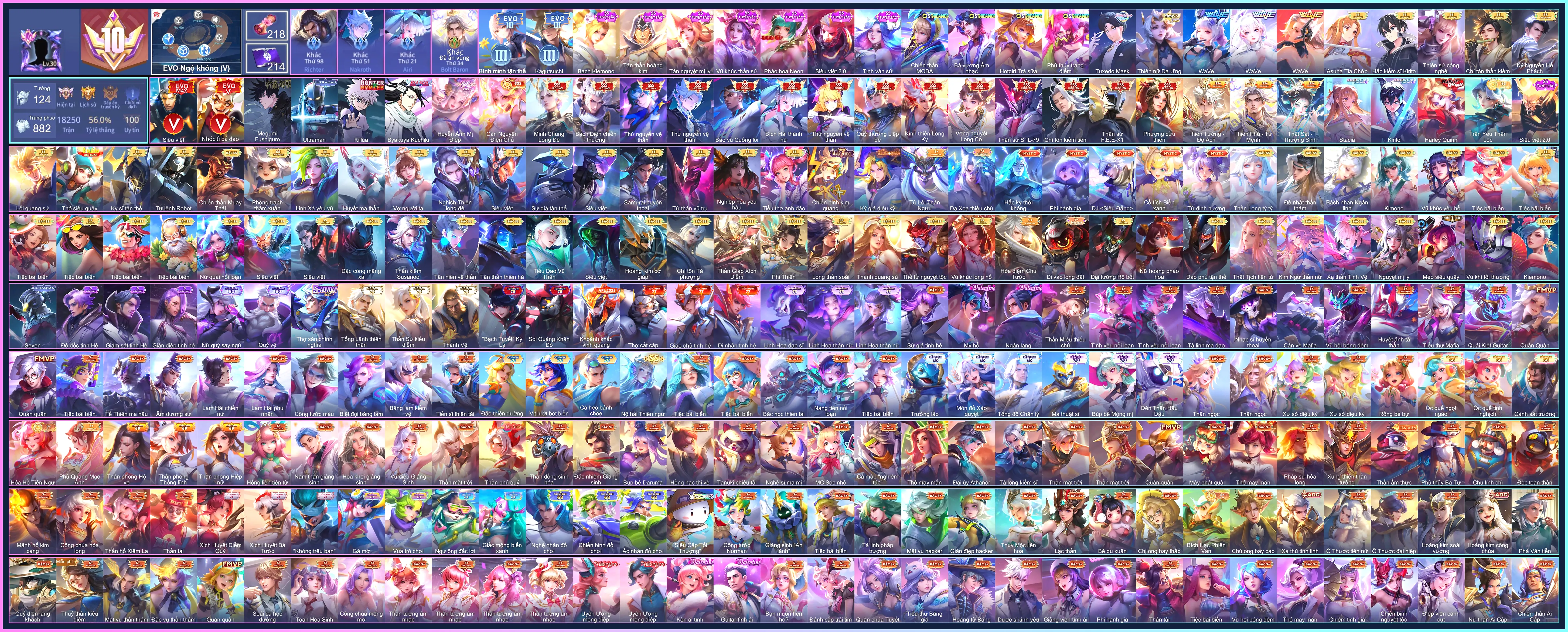 (VIP 10) MÁC CHIẾN THẦN, 15 SKIN SSS, Paine Megumi Fushiguro, Allain Kirito Hắc kiếm sĩ, Allain Kirito, Butterfly Asuna Tia chớp, Butterfly Stacia...