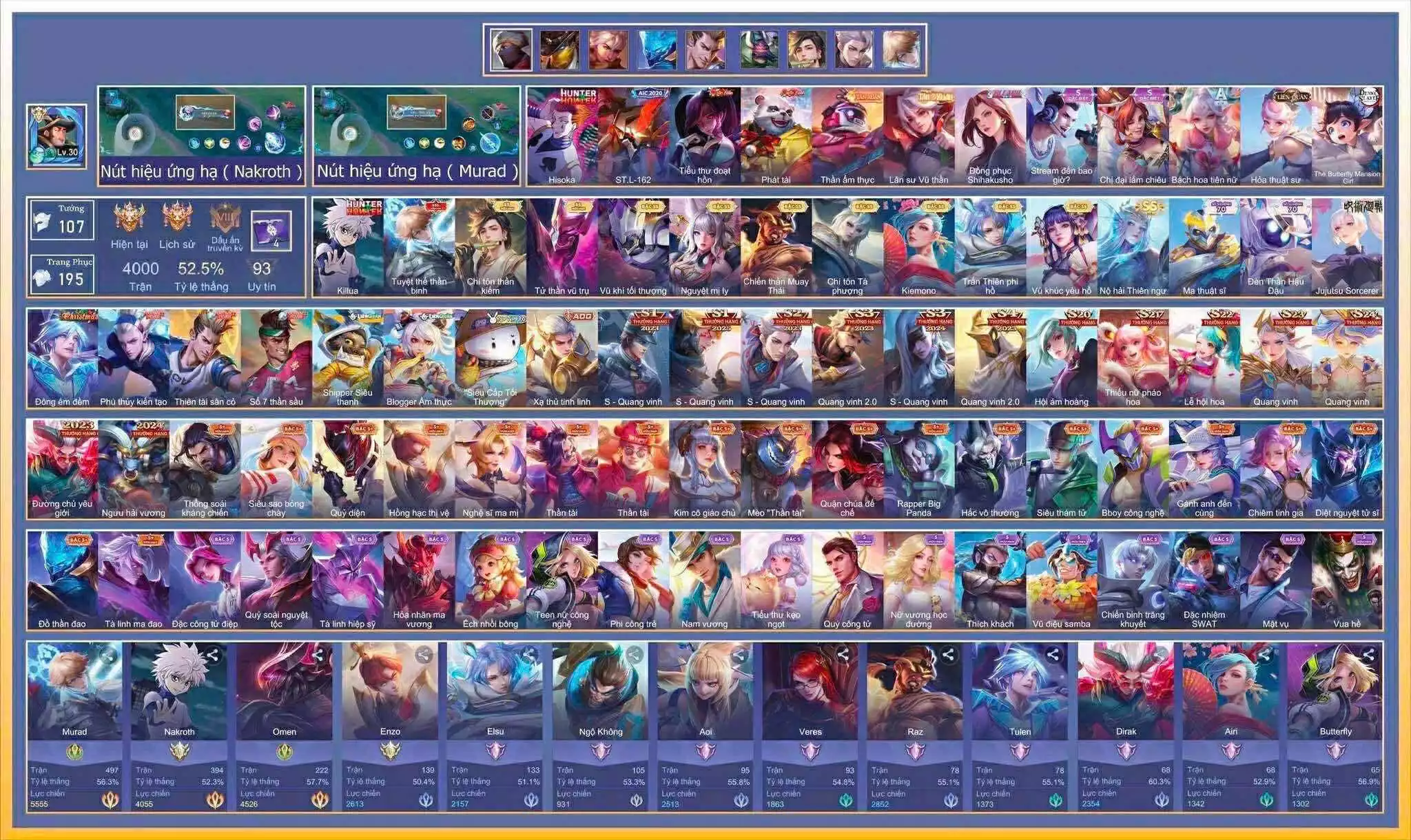 Nakroth Kiilua, Murad Duyệt Thế Thần Binh, Murad Chí Tôn, Hayate Tử Thần,.. dàn ss xịn
